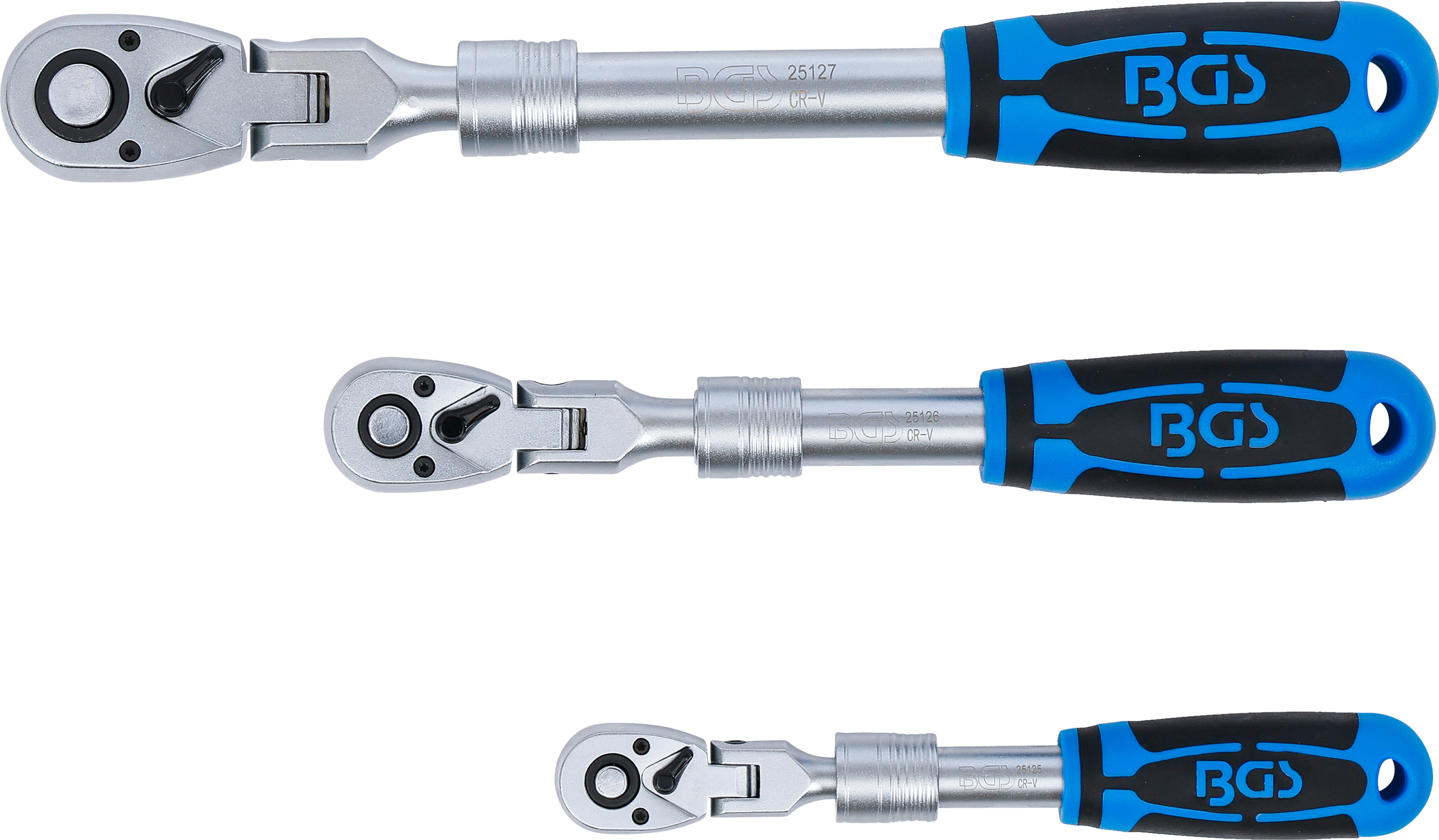 BGS Umschaltknarren-Satz | ausziehbar, abwinkelbar | Abtrieb Außenvierkant 6,3 mm (1/4") - 10 mm (3/8") - 12,5 mm (1/2") | 3-tlg.