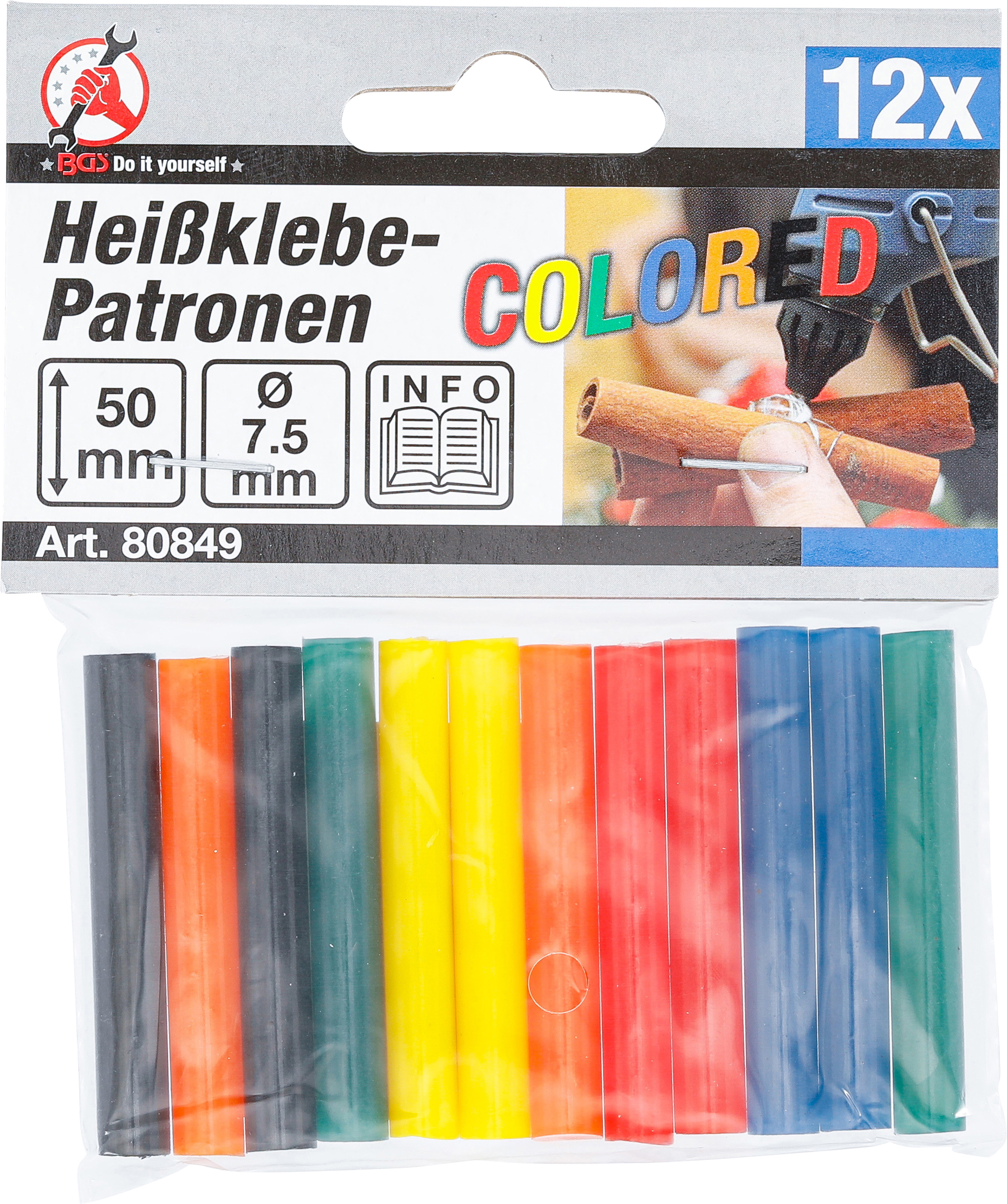BGS Heißklebe-Patronen | bunt | Ø 7,5 mm, 50 mm | 12-tlg.