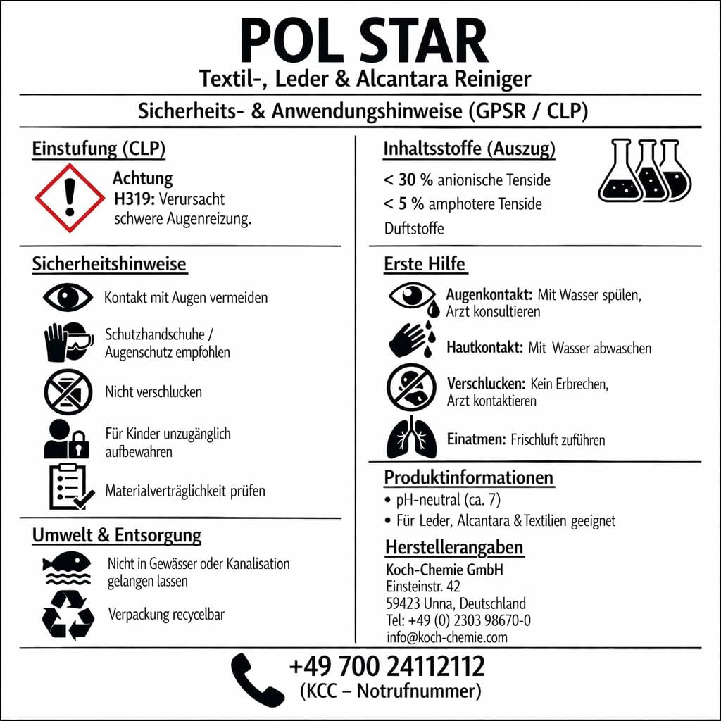 Koch Chemie Pol Star Textil Alcantara Leder Reiniger 1 Liter