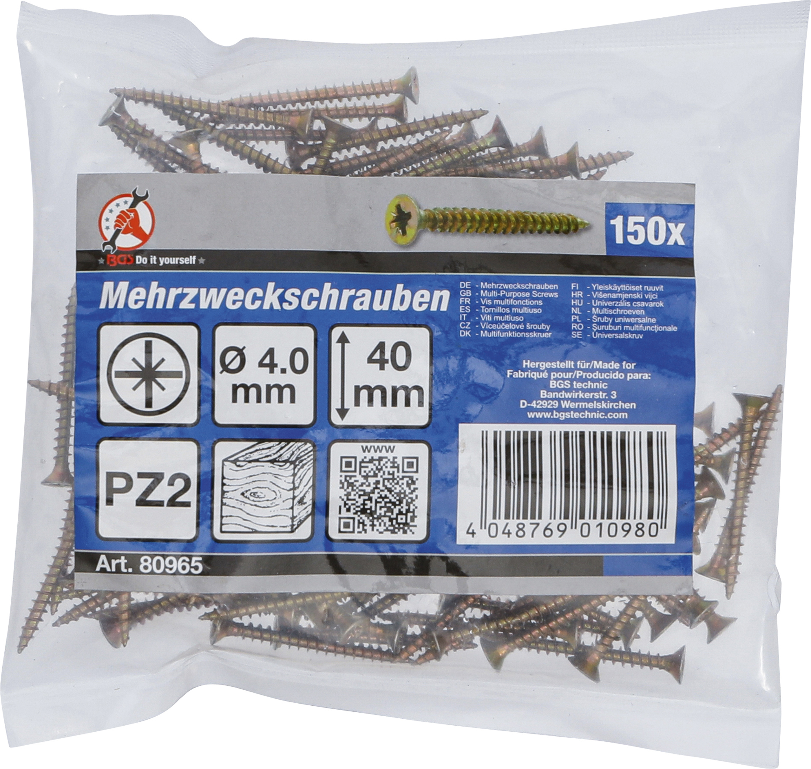 BGS Mehrzweckschrauben | Kreuzschlitz PZ2 | 4,0 x 40 mm | 150 Stück