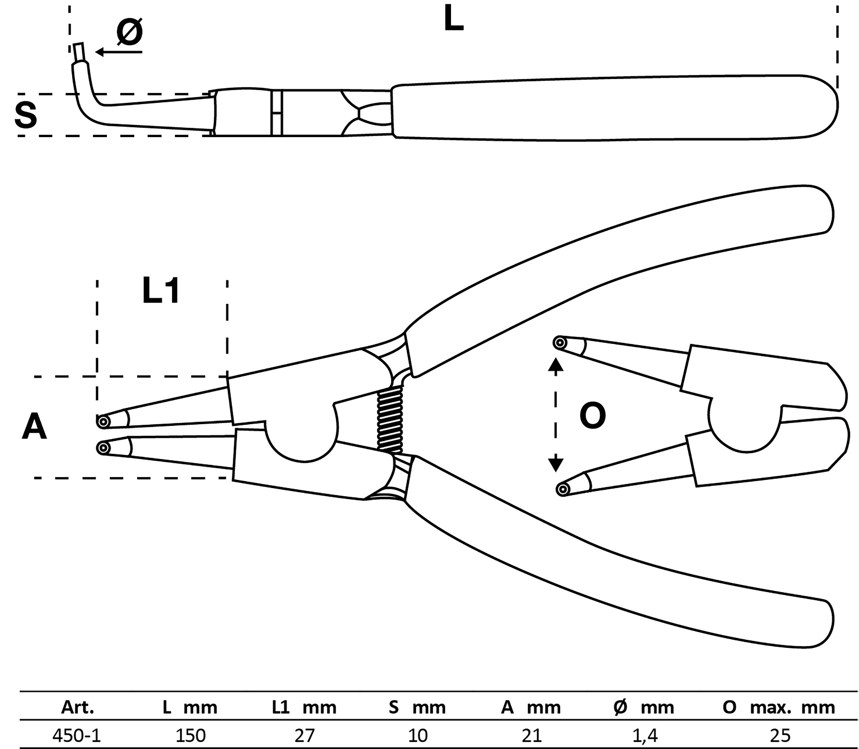 BGS Sprengringzange | abgewinkelt | für Außensprengringe | 150 mm