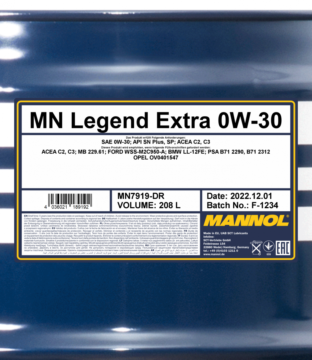 0W-30 Mannol 7919 Legend Extra Motoröl 208 Liter