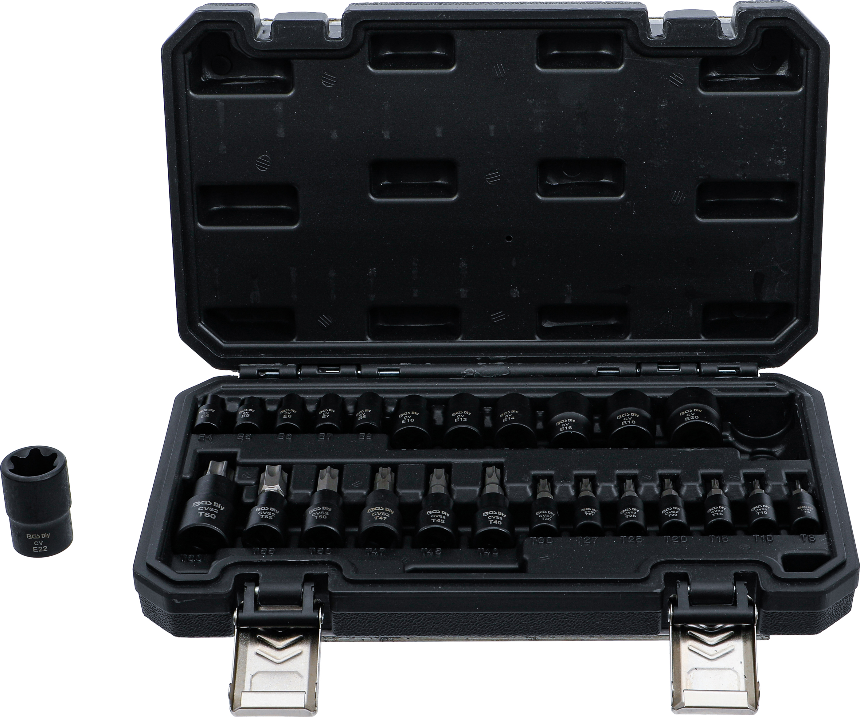 BGS Bit-Einsatz-/Steckschlüssel-Einsatz-Satz | Antrieb Innenvierkant 6,3 mm (1/4"), 10 mm (3/8"), 12,5 mm (1/2") | E-Profil / T-Profil (für Torx) | 25-tlg.