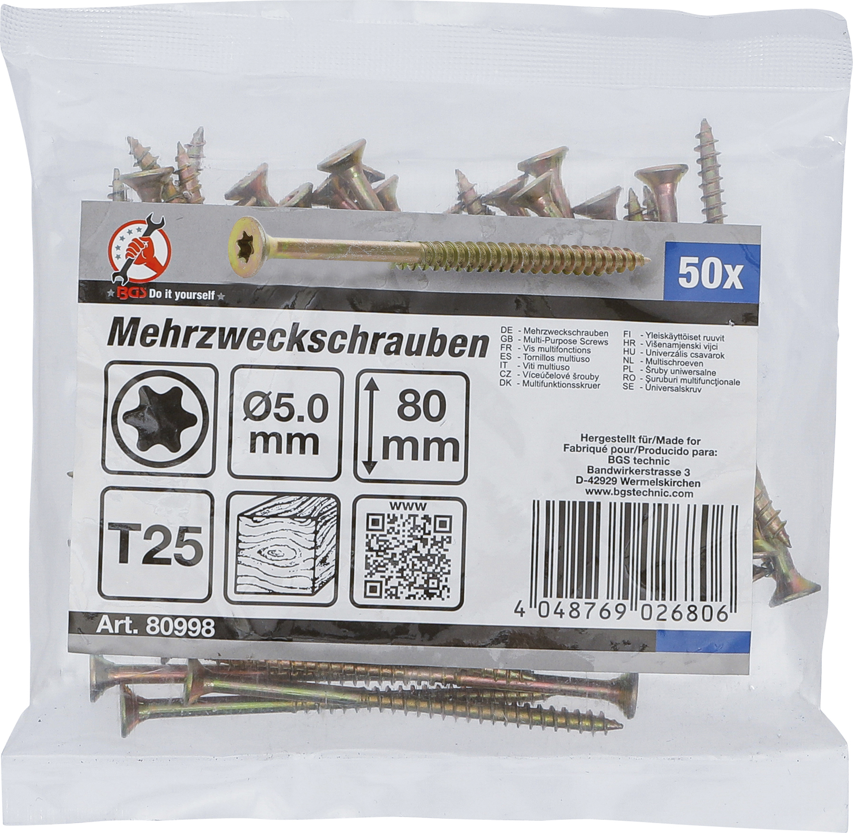 BGS Mehrzweckschrauben | T-Profil (für Torx) T25 | 5,0 x 80 mm | 50 Stück