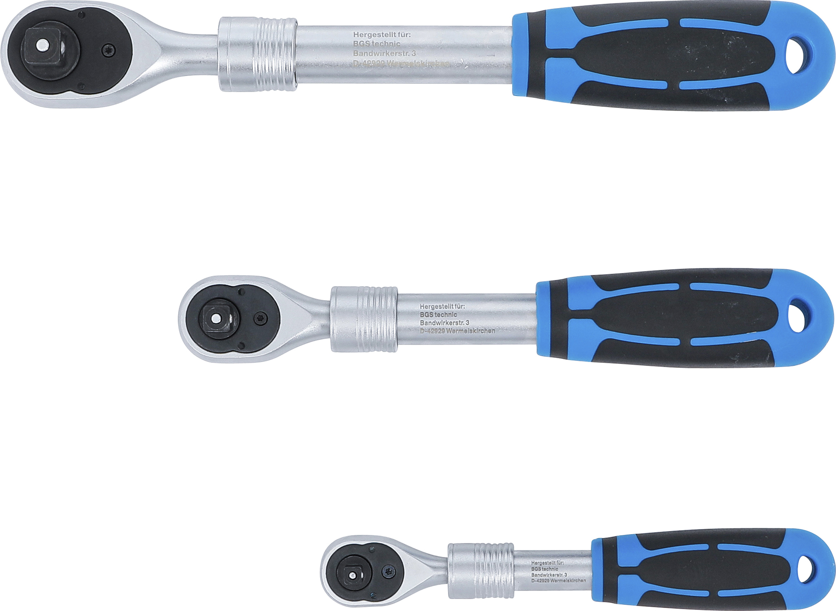 BGS Umschaltknarren-Satz | ausziehbar | Abtrieb Außenvierkant 6,3 mm (1/4") - 10 mm (3/8") - 12,5 mm (1/2") | 3-tlg.