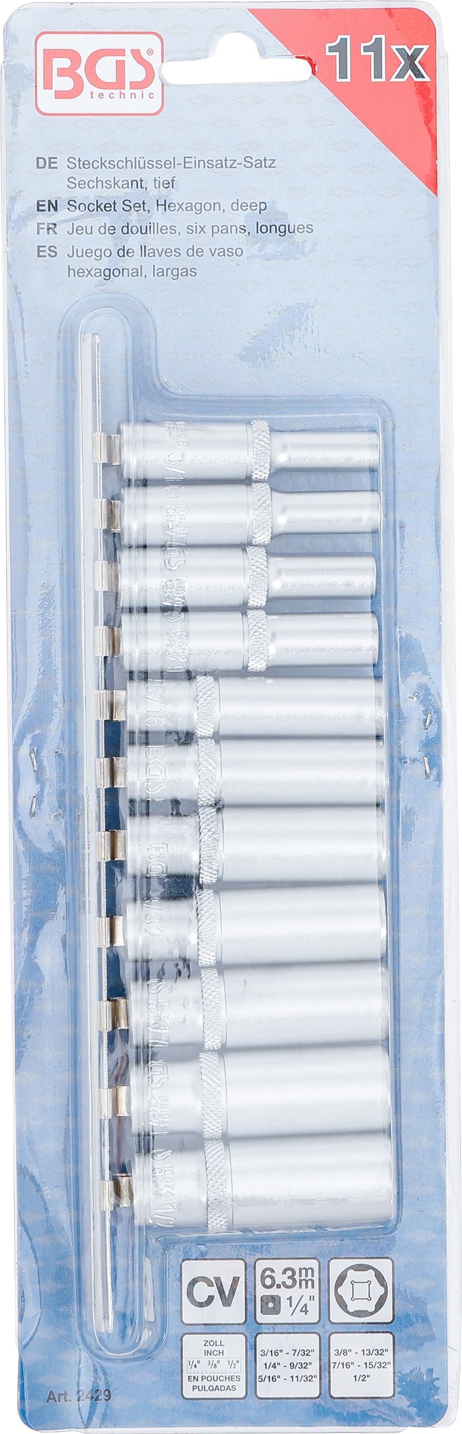 BGS Steckschlüssel-Einsatz-Satz Sechskant, tief | Antrieb Innenvierkant 6,3 mm (1/4") | Zollgrößen | 11-tlg.