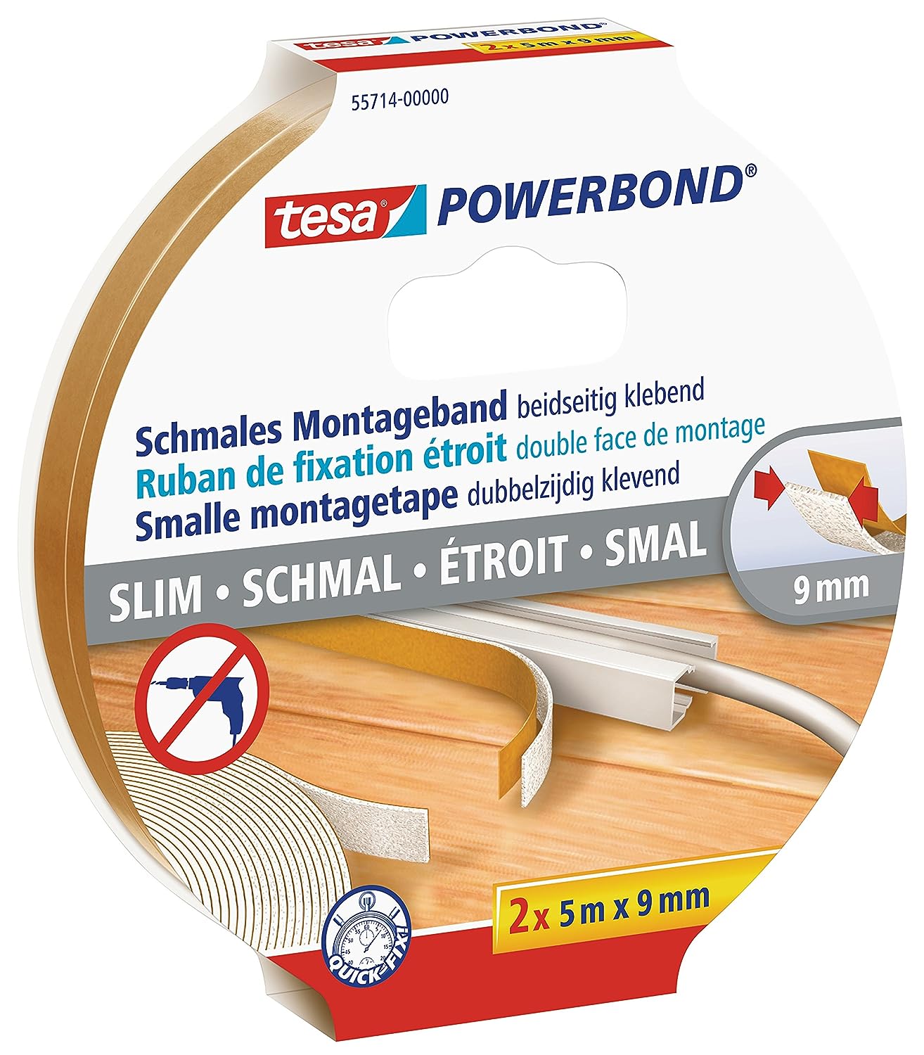 tesa Powerbond Schmales Montageband beidseitig klebend 5m x 9mm 2 Rollen