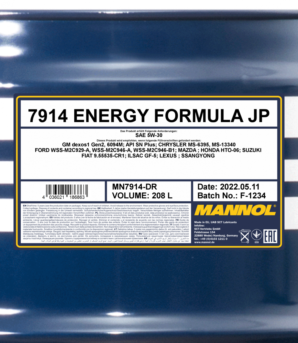 5W-30 Mannol 7914 Energy Formula JP Motoröl 208 Liter