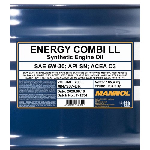 5W-30 Mannol 7907 Energy Combi LL LongLife Motoröl 208 Liter