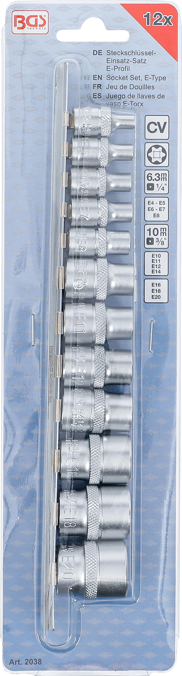 BGS Steckschlüssel-Einsatz-Satz E-Profil | Antrieb Innenvierkant 6,3 mm (1/4") / 10 mm (3/8") | SW E4 - E20 | 12-tlg.