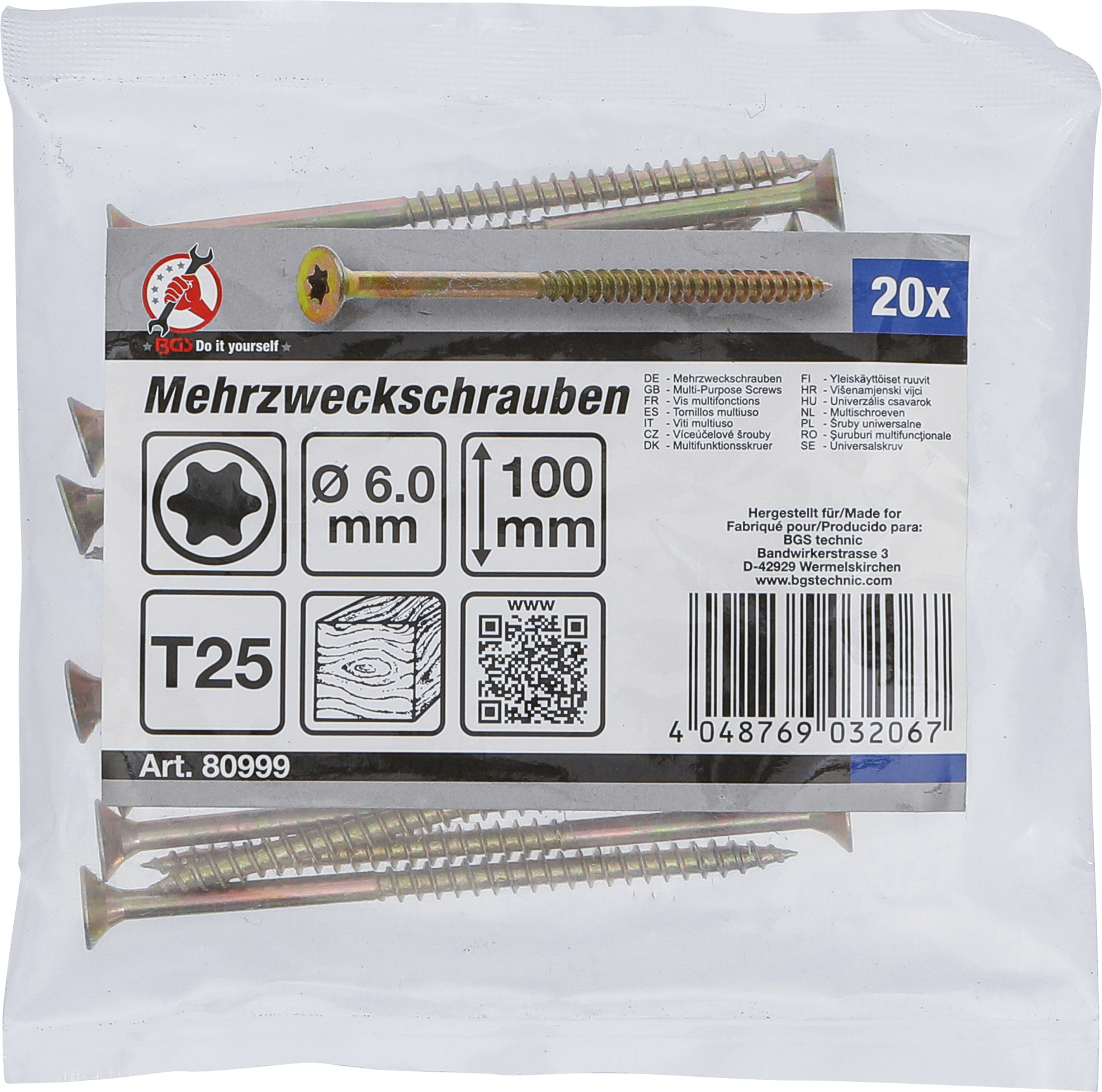 BGS Mehrzweckschrauben | T-Profil (für Torx) T25 | 6,0 x 100 mm | 20 Stück