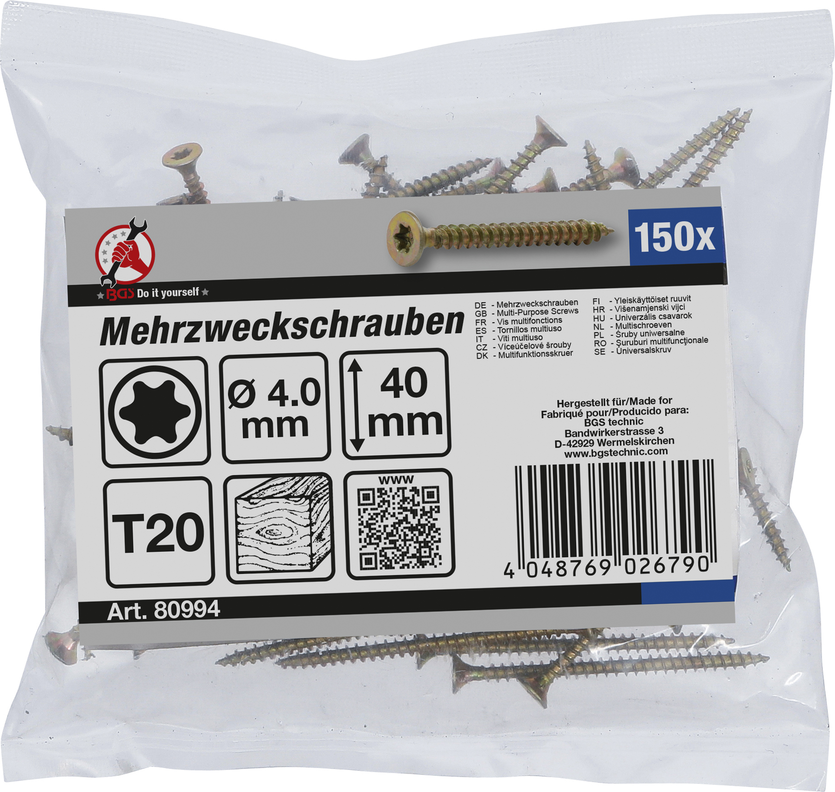 BGS Mehrzweckschrauben | T-Profil (für Torx) T20 | 4,0 x 40 mm | 150 Stück