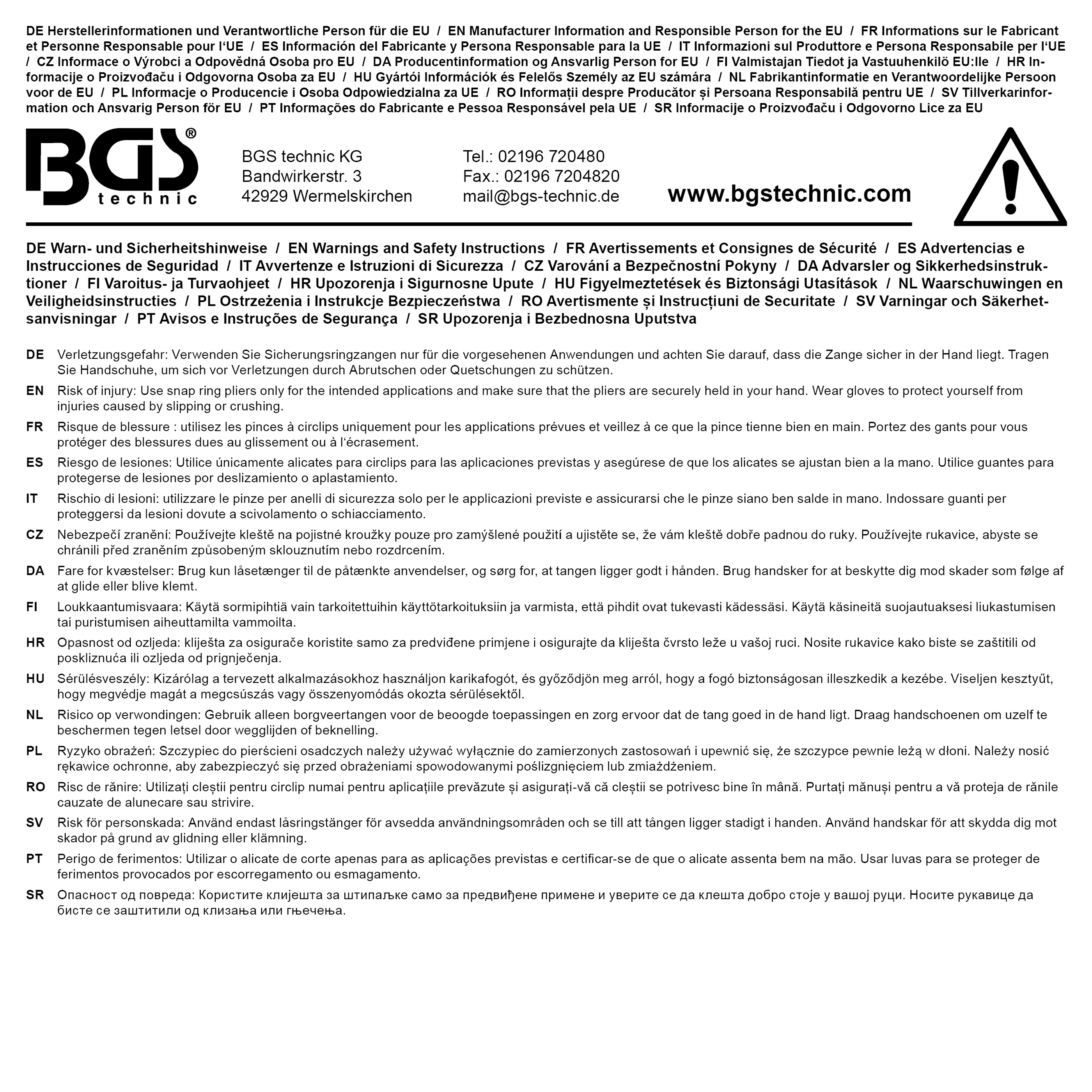 BGS Sprengringzange | gerade | für Innensprengringe | 175 mm