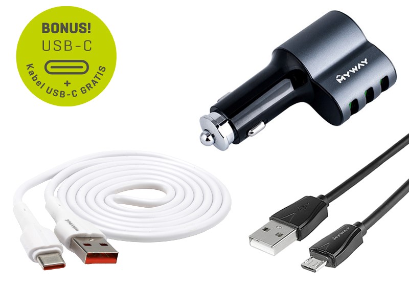 Myway Car Charger Auto Schnell-Ladestecker 3x USB + USB Ladekabel GRATIS