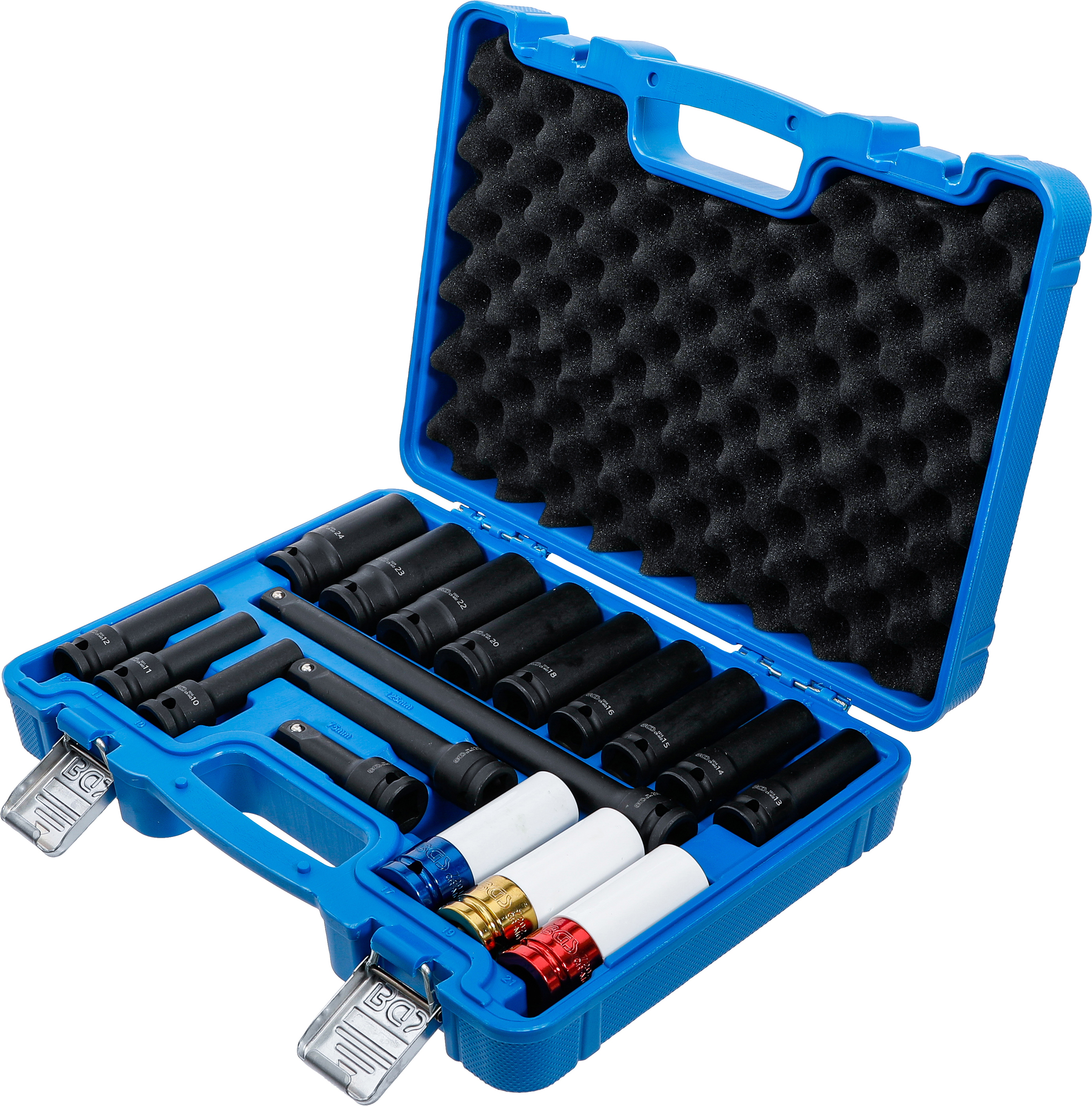 BGS Kraft-Steckschlüssel- und Kraft-Schoneinsatz-Satz | Sechskant | Antrieb Innenvierkant 12,5 mm (1/2") | SW 10 - 24 mm | 18-tlg.