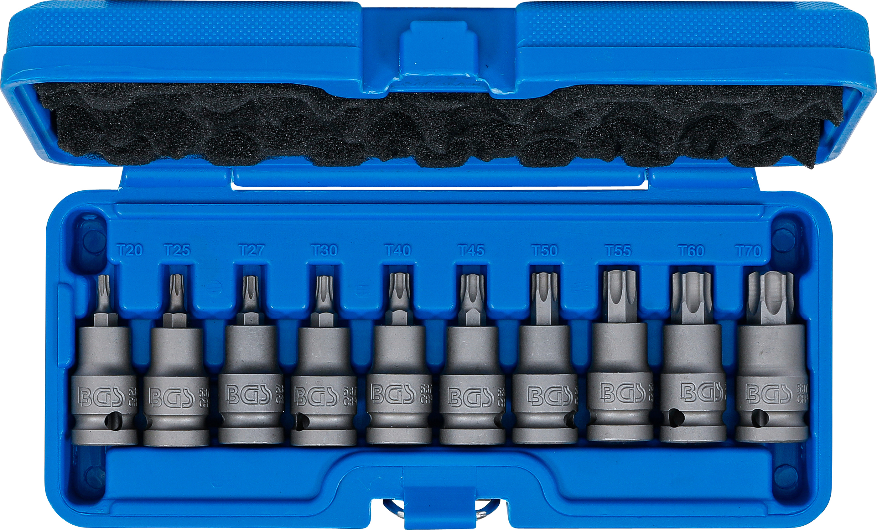 BGS Kraft-Bit-Einsatz-Satz | Antrieb Innenvierkant 12,5 mm (1/2") | T-Profil (für Torx) T20 - T70 | 10-tlg.