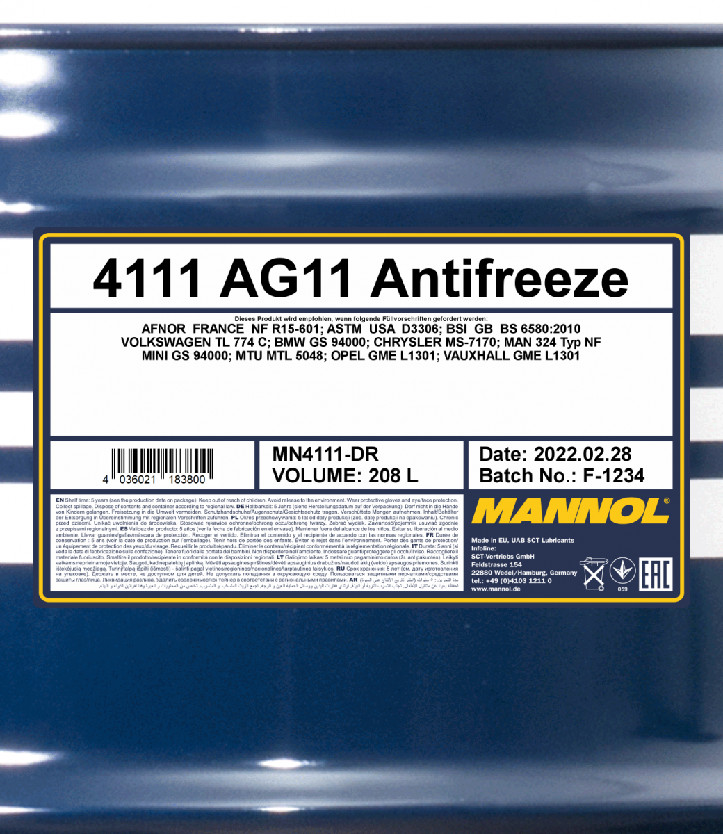 Mannol 4111 Kühlerfrostschutz Antifreeze AG11 Longterm Konzentrat 208 Liter