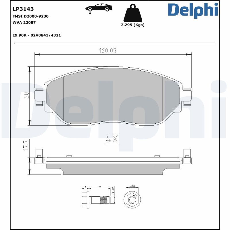 Bremsbelagsatz, Scheibenbremse “DELPHI D2000-9230 , R90 Homologated , E9 90R-02A0841/4321 ”