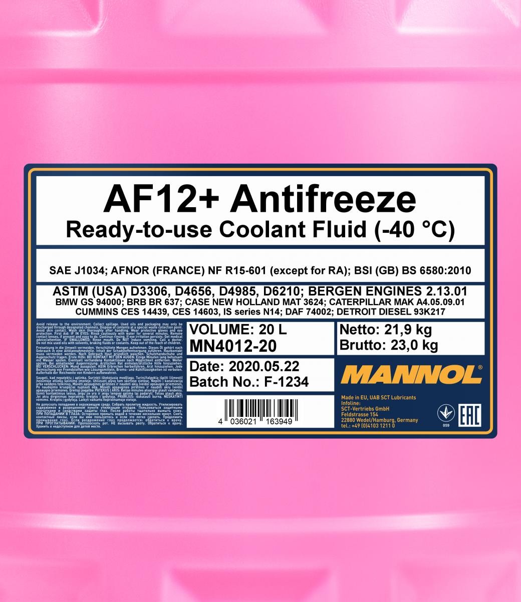 Mannol 4012 Kühlerfrostschutz Antifreeze AF12+ Longlife -40 Fertigmischung 20 Liter