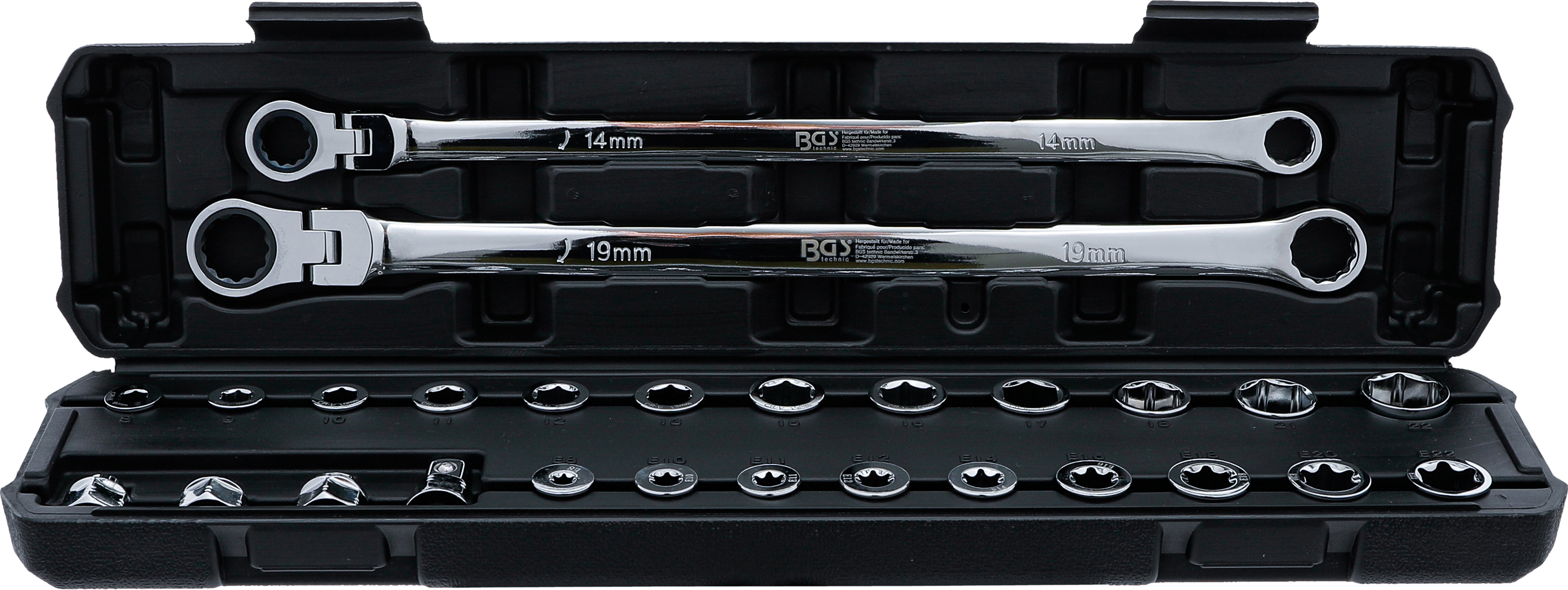BGS Doppel-Ring- und Ratschenring-Gelenkschlüssel-Satz | extra lang | 27-tlg.