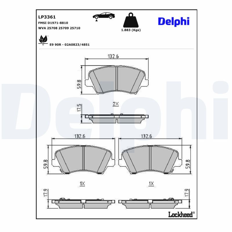 Bremsbelagsatz, Scheibenbremse “DELPHI D1971-8810 , R90 Homologated , E9 90R-02A0823/4851 ”