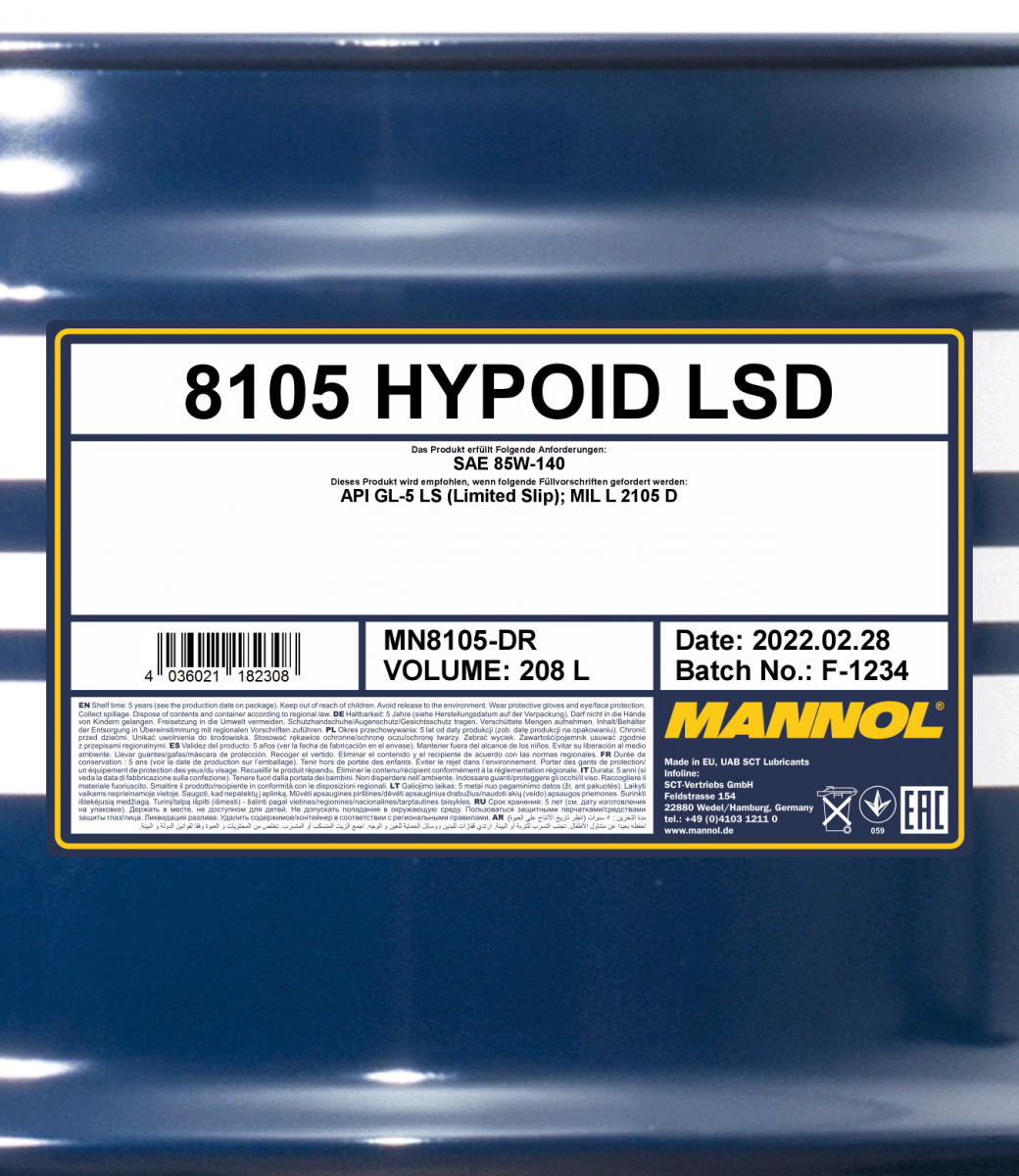 85W-140 Mannol 8105 Hypoid LSD GL-5 LS Getriebeöl 208 Liter