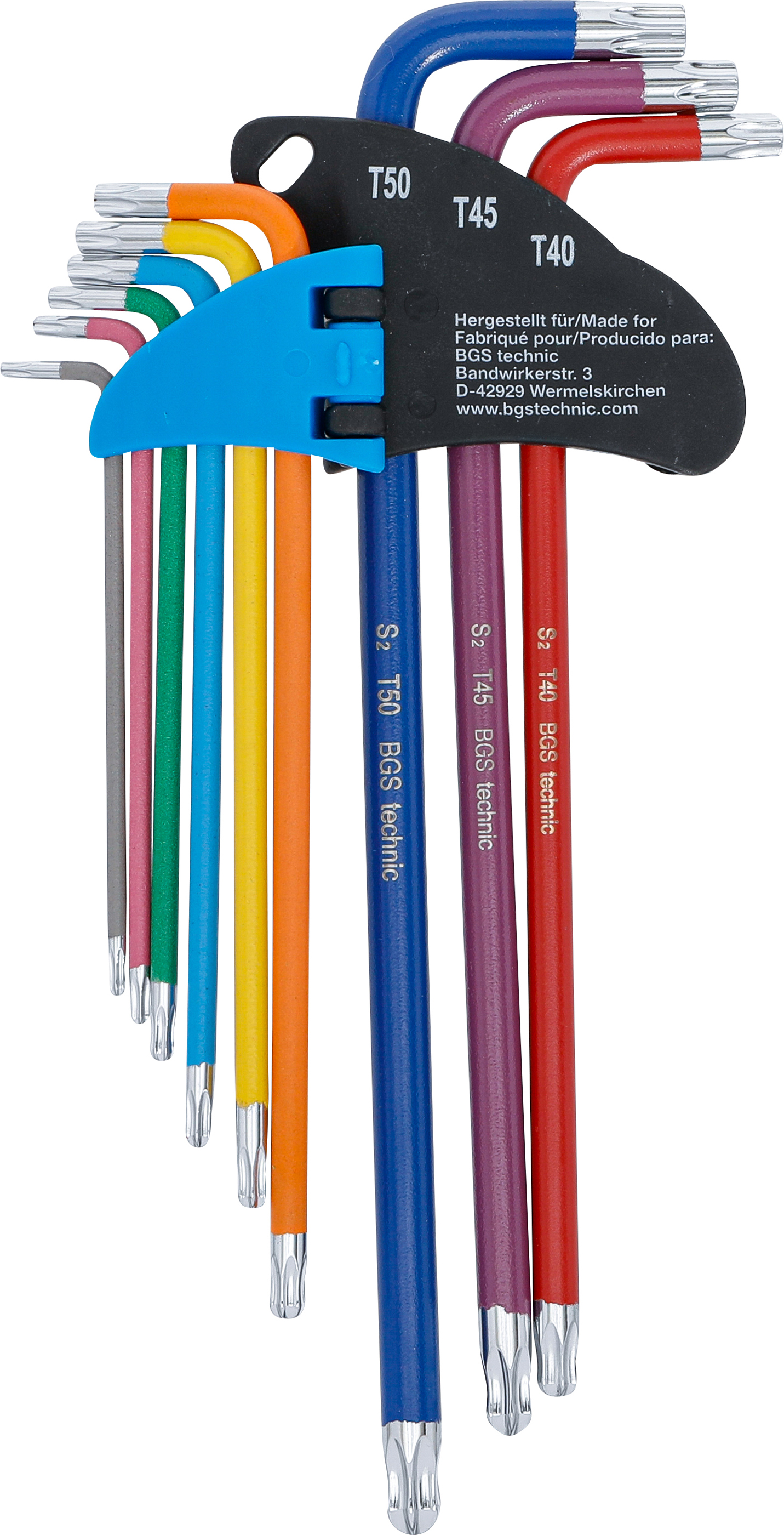 BGS Winkelschlüssel-Satz | Multicolour | extra lang | T-Profil (für Torx) mit Kugelkopf T10 - T50 | 9-tlg.