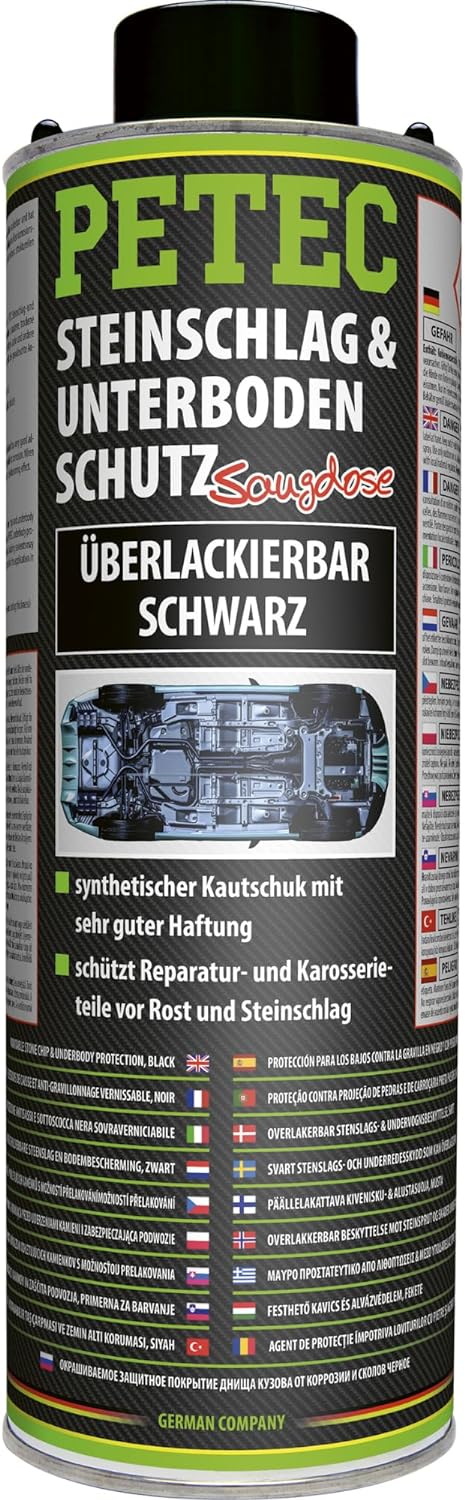 Petec Steinschlagschutz und Unterbodenschutz Spray überlackierbar Schwarz Saugdose 1 Liter