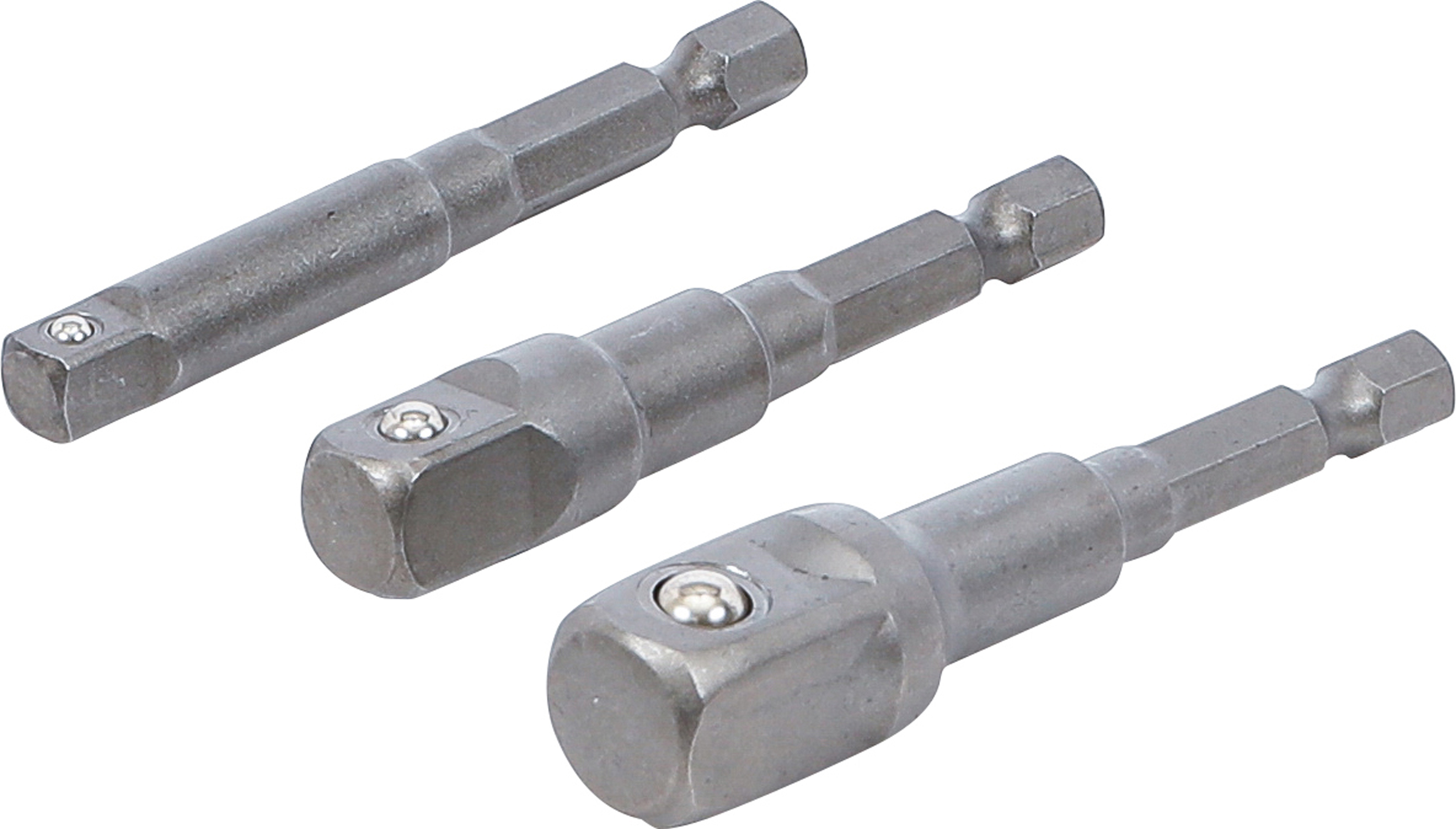 BGS Adapter-Satz für Bohrmaschinen | Außensechskant Antrieb 6,3 mm (1/4") | Abtrieb Außenvierkant 6,3 mm (1/4"), 10 mm (3/8"), 12,5 mm (1/2") | 3-tlg.