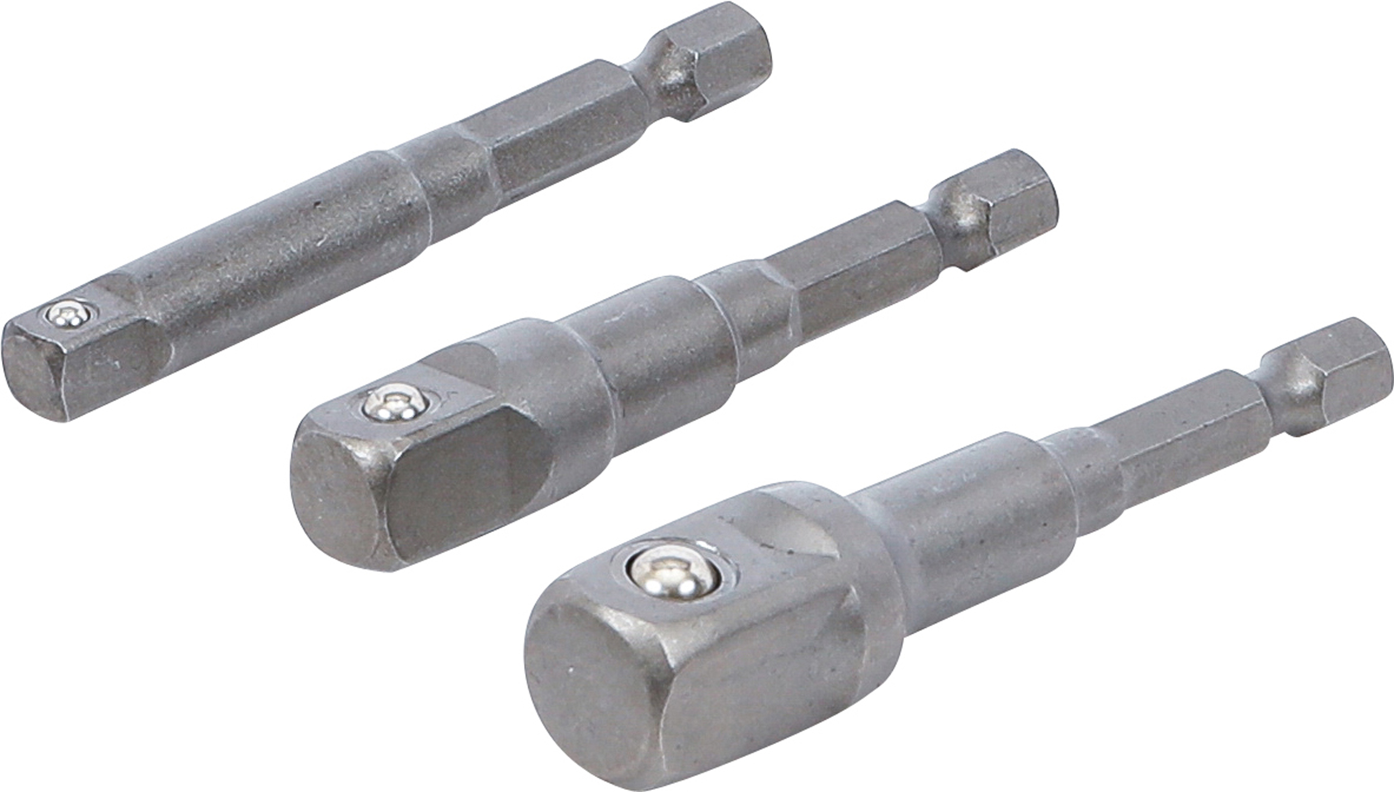 BGS Adapter-Satz für Bohrmaschinen | Außensechskant Antrieb 6,3 mm (1/4") | Abtrieb Außenvierkant 6,3 mm (1/4"), 10 mm (3/8"), 12,5 mm (1/2") | 3-tlg.