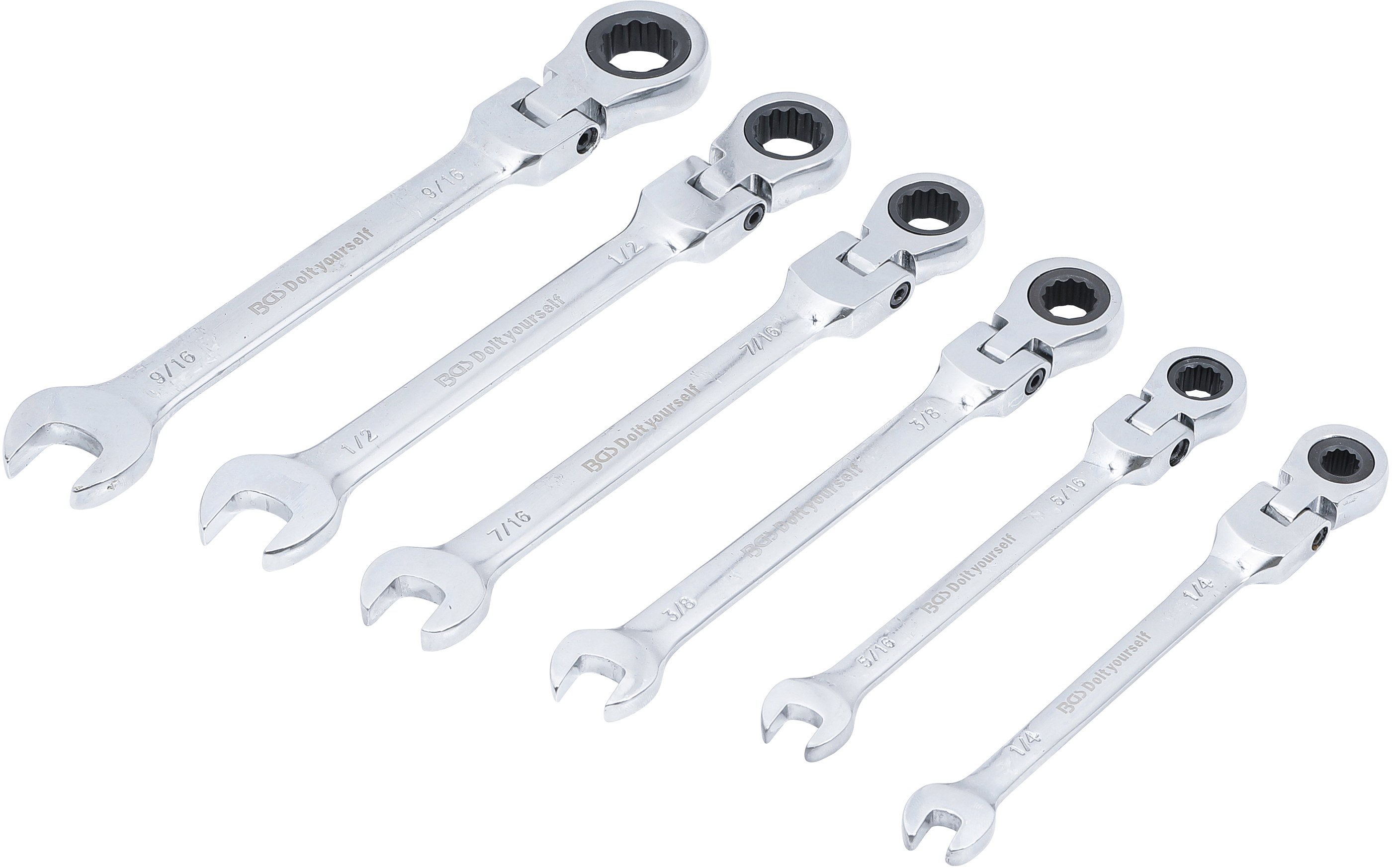 BGS Ratschenring-Maulschlüssel-Satz | flexible Köpfe | Zollmaße | SW 1/4" - 9/16" | 6-tlg.