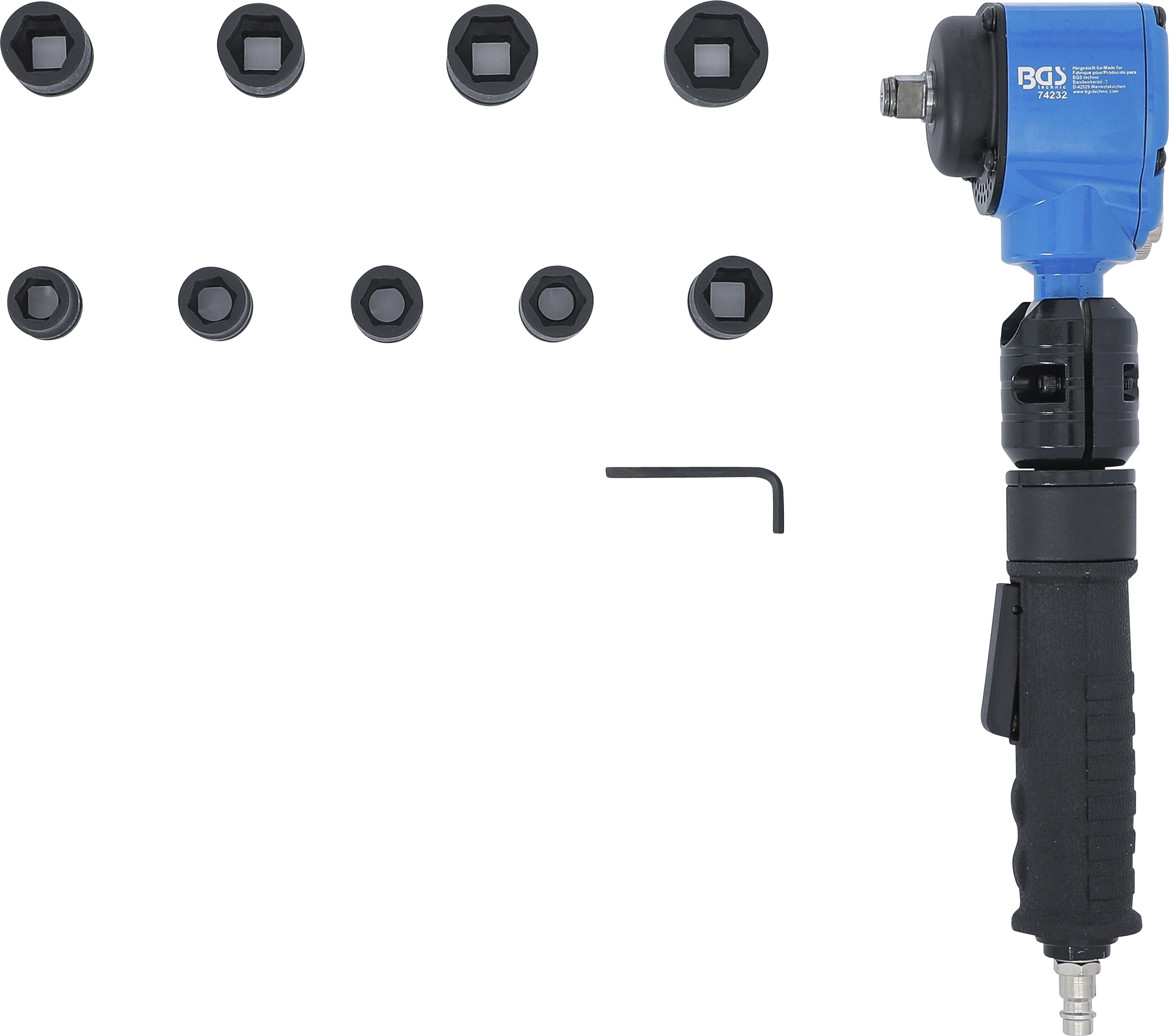 BGS Druckluft-Schlagschrauber | abgewinkelt & Kraft-Steckschlüssel-Satz | 12,5 mm (1/2") | 650 Nm | 10-tlg.