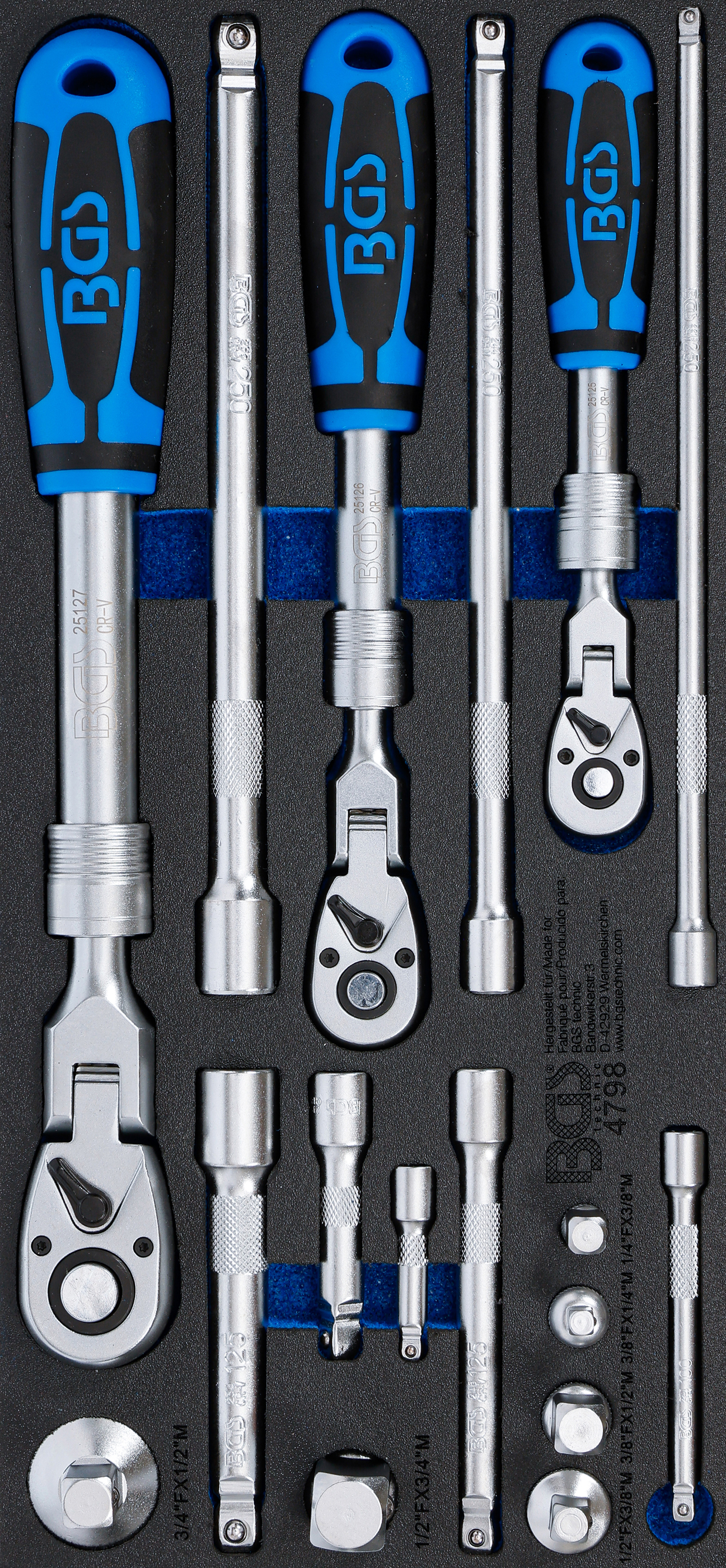 BGS Werkstattwageneinlage 1/3: Umschaltknarren-Satz | ausziehbar, abwinkelbar | Abtrieb Außenvierkant 6,3 mm (1/4") - 10 mm (3/8") - 12,5 mm (1/2") | 17-tlg.