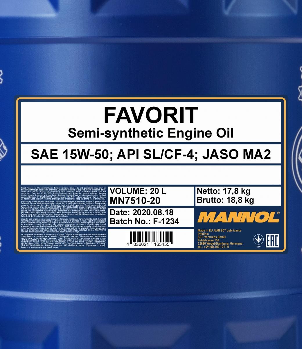 15W-50 Mannol 7510 Favorit Motoröl 20 Liter