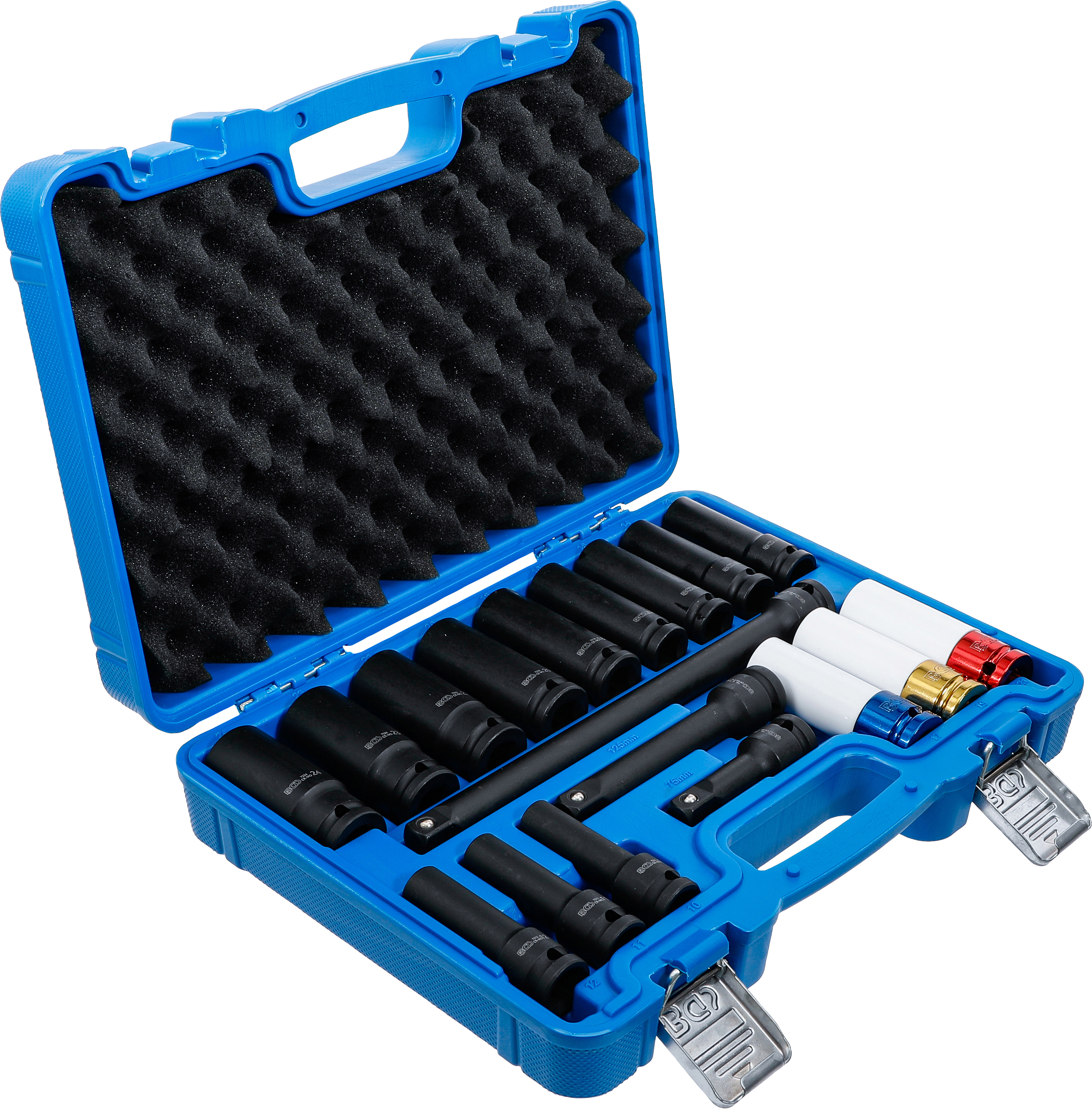 BGS Kraft-Steckschlüssel- und Kraft-Schoneinsatz-Satz | Sechskant | Antrieb Innenvierkant 12,5 mm (1/2") | SW 10 - 24 mm | 18-tlg.