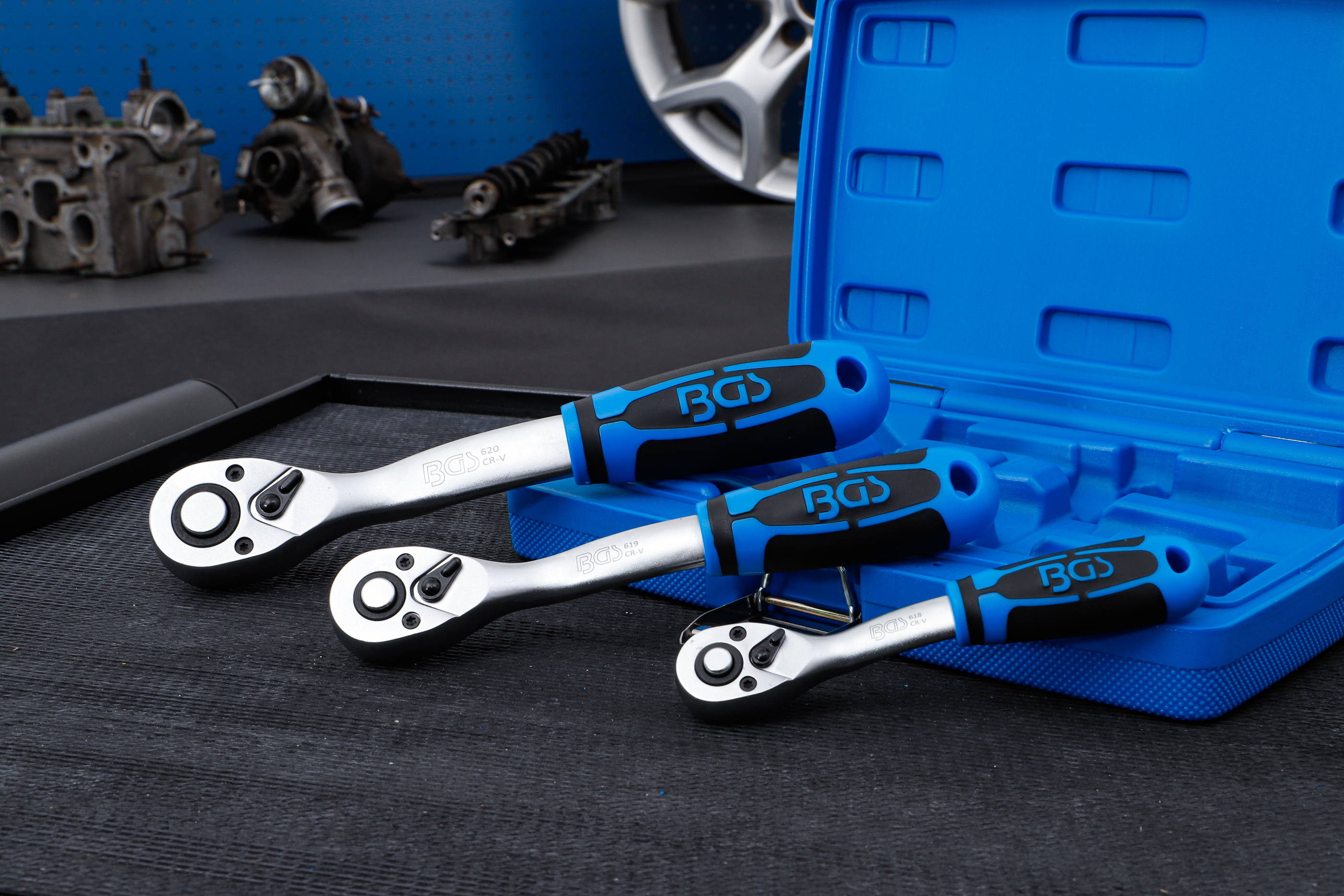 BGS Umschaltknarren-Satz | feinverzahnt | Abtrieb Außenvierkant 6,3 mm (1/4") - 10 mm (3/8") - 12,5 mm (1/2") | 3-tlg.