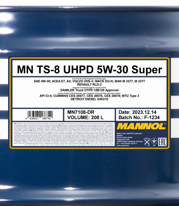 5W-30 Mannol 7108 TS-8 UHPD Super Motoröl 208 Liter