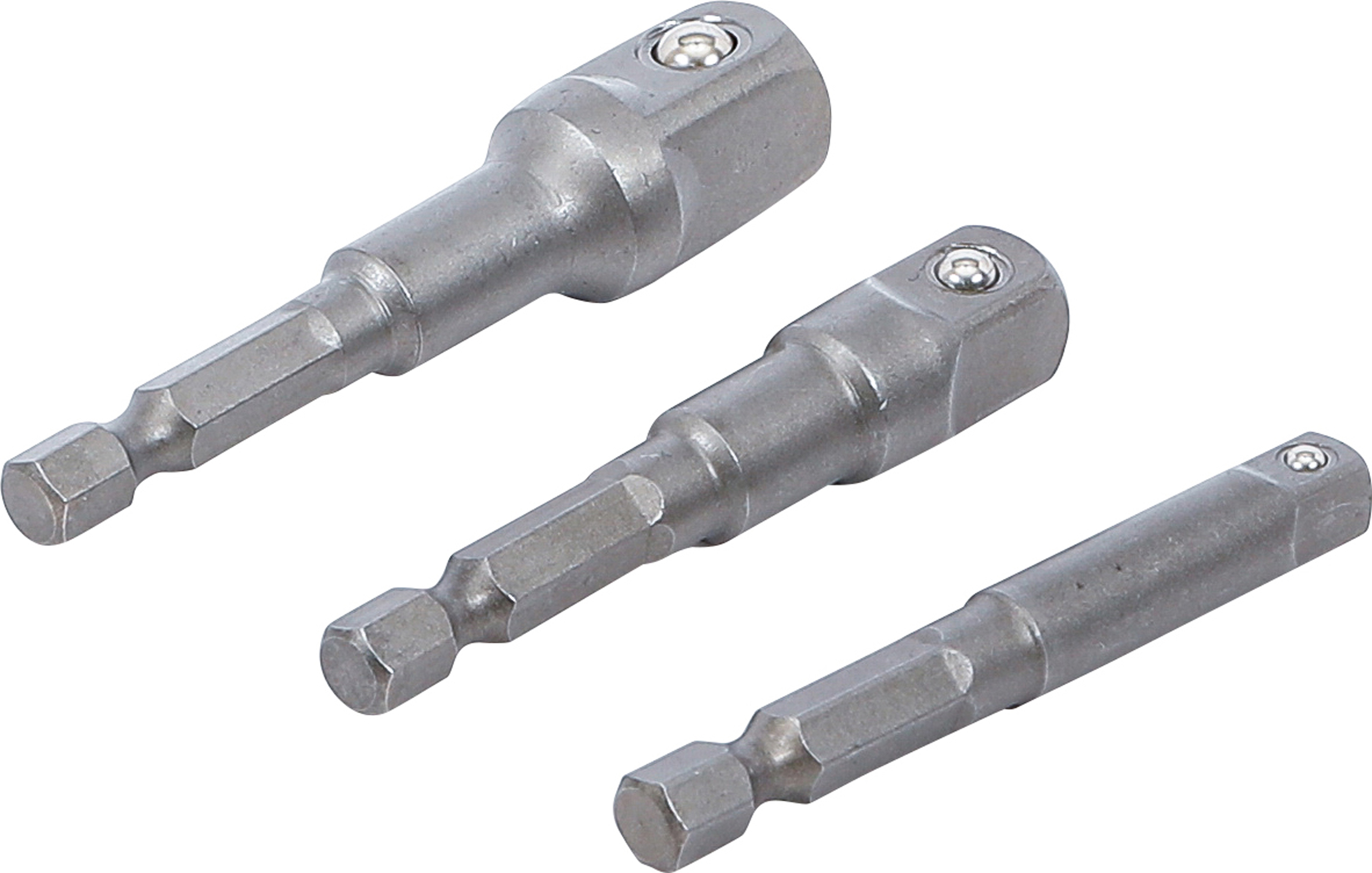 BGS Adapter-Satz für Bohrmaschinen | Außensechskant Antrieb 6,3 mm (1/4") | Abtrieb Außenvierkant 6,3 mm (1/4"), 10 mm (3/8"), 12,5 mm (1/2") | 3-tlg.