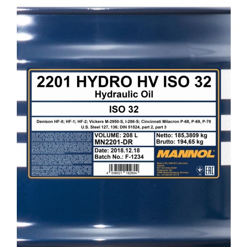 Mannol 2201 Hydro HV ISO 32 Hydrauliköl 208 Liter