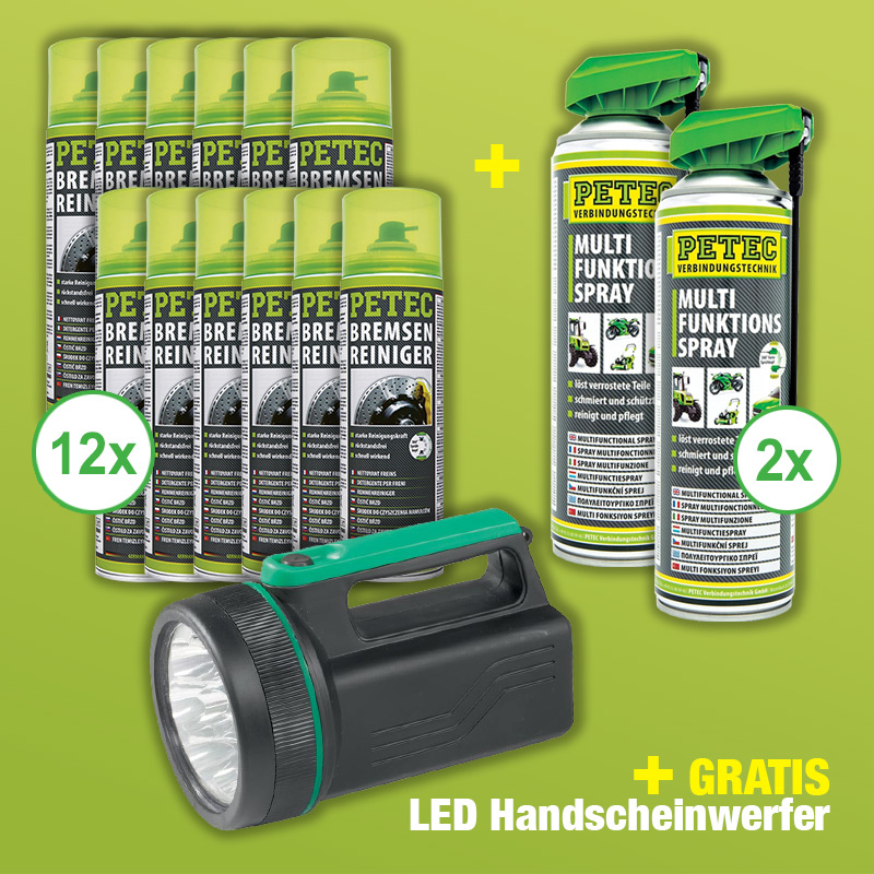 Petec Bremsenreiniger Super DEAL + Petec Multifunktions Spray und LED Handscheinwerfer GRATIS