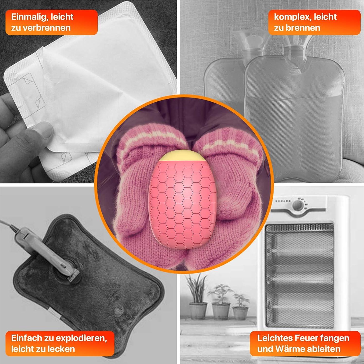 T98 Wiederverwendbar Handwärmer, Schnelle Heizung Taschenofen mit Flanell Tasche und Lanyard, Handheizung Tragbare Taschenwärmer Ideales Wintergeschen