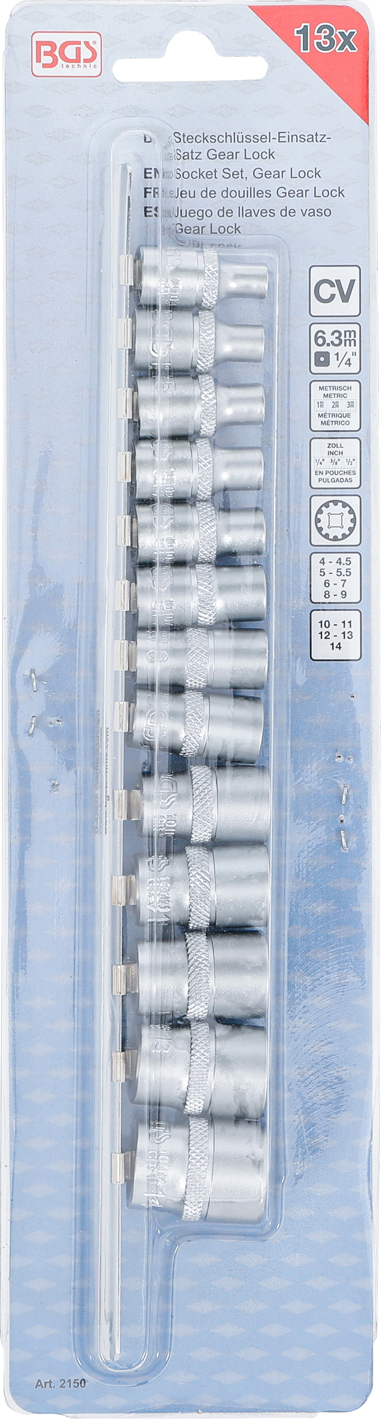 BGS Steckschlüssel-Einsatz-Satz Gear Lock | Antrieb Innenvierkant 6,3 mm (1/4") | 13-tlg.