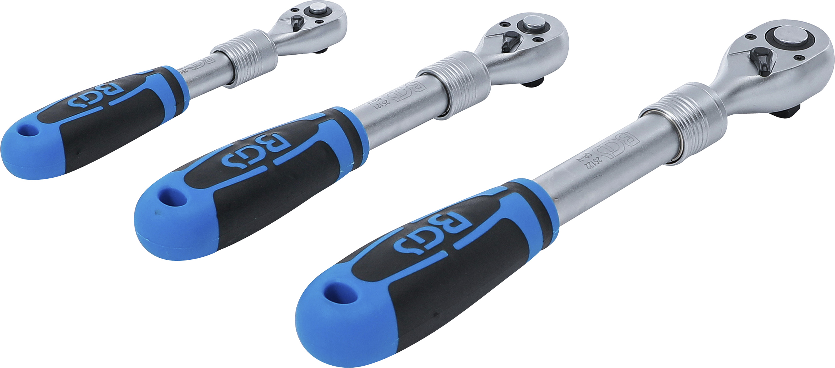 BGS Umschaltknarren-Satz | ausziehbar | Abtrieb Außenvierkant 6,3 mm (1/4") - 10 mm (3/8") - 12,5 mm (1/2") | 3-tlg.