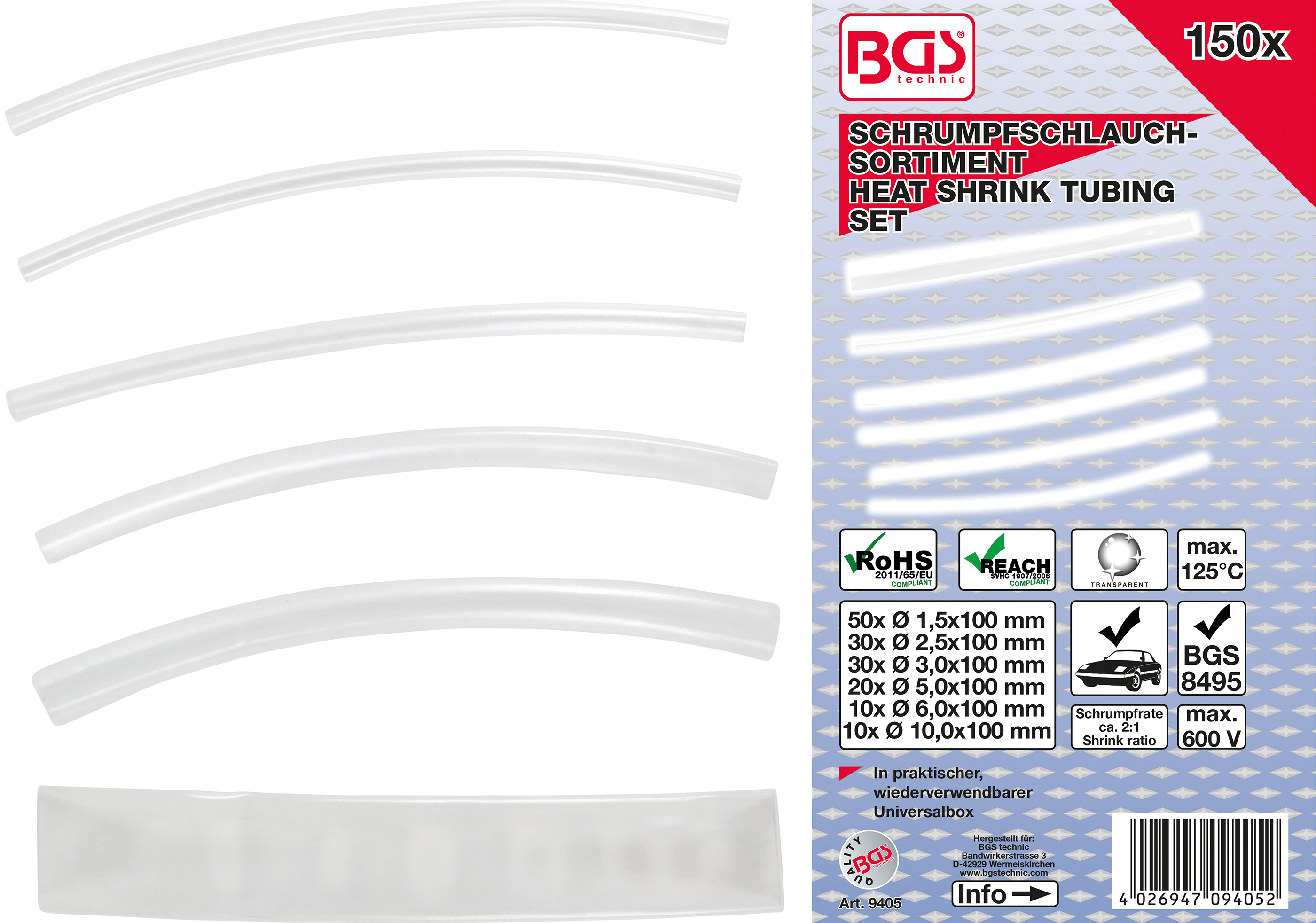 BGS Schrumpfschlauch-Sortiment | transparent | 150-tlg.