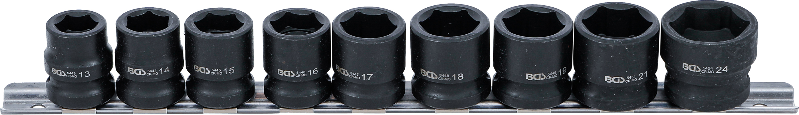 BGS Kraft-Steckschlüssel-Einsatz-Satz Sechskant, extra flach | Antrieb Innenvierkant 12,5 mm (1/2") | SW 13 - 24 mm | 9-tlg.
