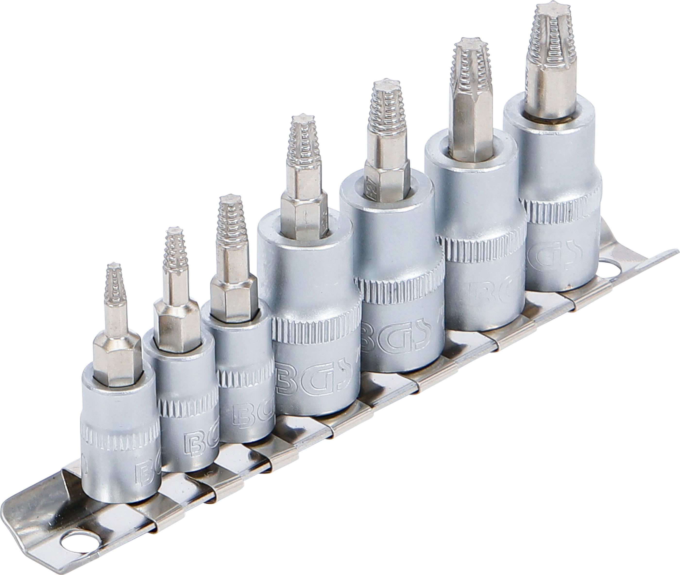 BGS Schraubenausdreher-Bit-Einsatz-Satz | Antrieb Innenvierkant 6,3 mm (1/4") / 10 mm (3/8") | für defektes T-Profil (für Torx) | T10 - T40 | 7-tlg.
