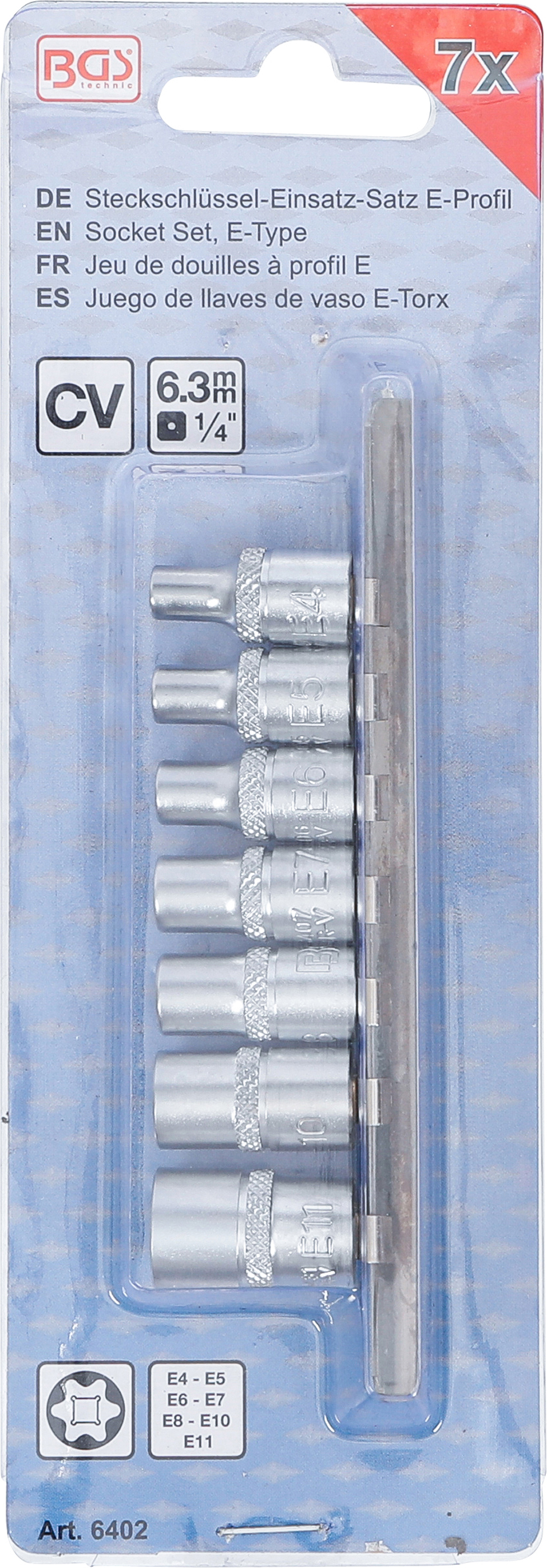 BGS Steckschlüssel-Einsatz-Satz E-Profil | Antrieb Innenvierkant 6,3 mm (1/4") | SW E4 - E11 | 7-tlg.