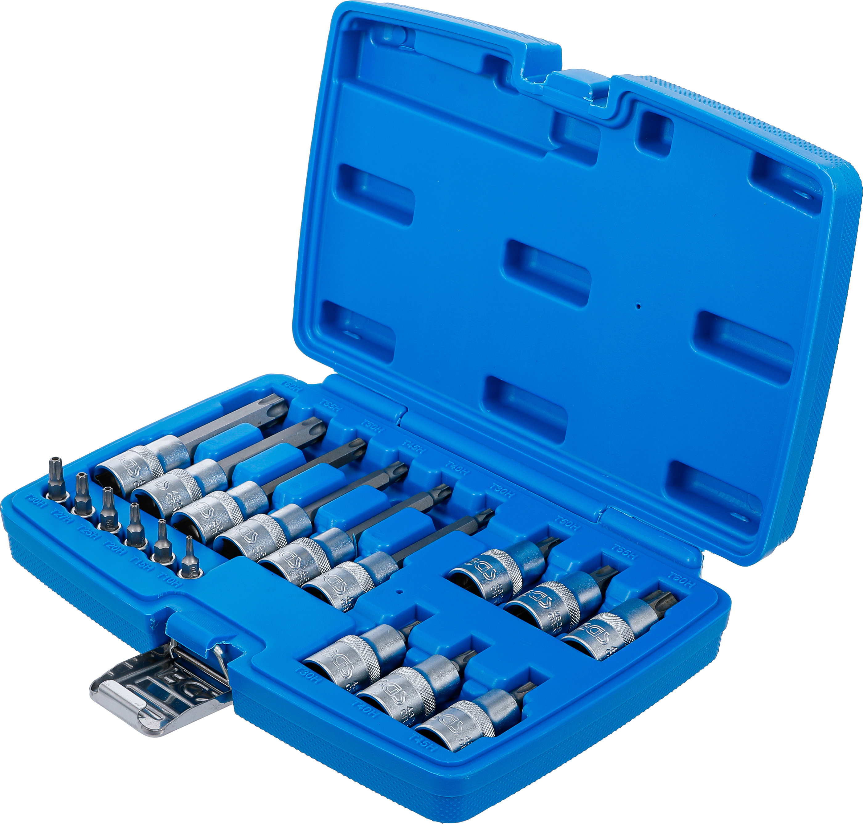 BGS Bit-Einsatz-Satz | Antrieb Innenvierkant 6,3 mm (1/4") / 12,5 mm (1/2") | T-Profil (für Torx) mit Bohrung | 18-tlg.