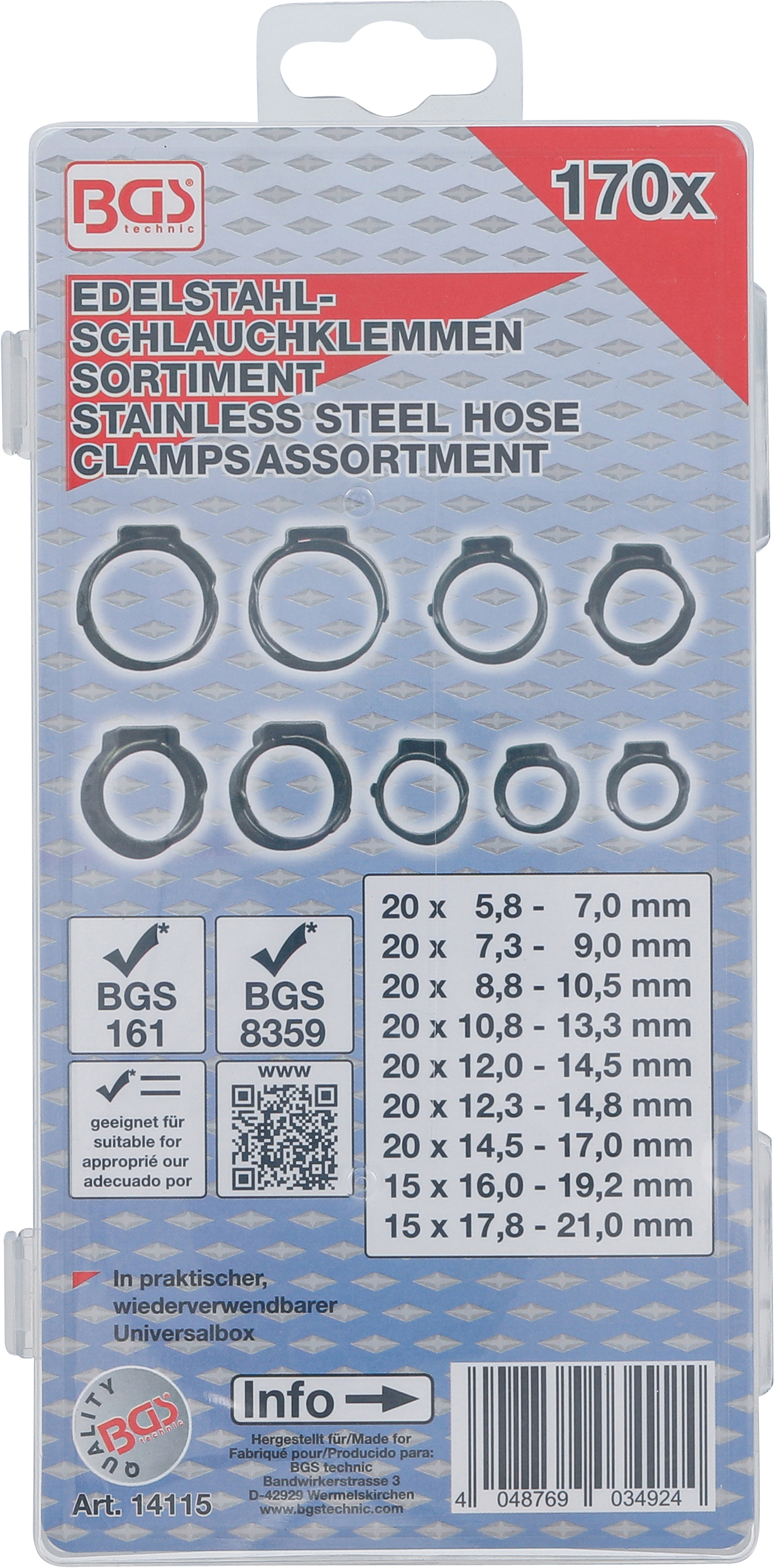 BGS Edelstahl-Schlauchklemmen-Sortiment | Ø 5,8 - 21 mm | 170-tlg.
