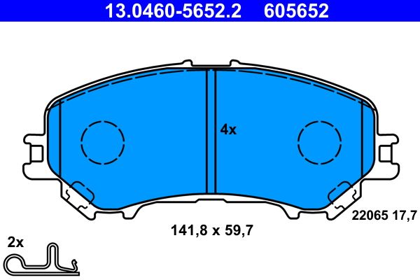 Bremsbelagsatz, Scheibenbremse 13.0460-5652.2 “ATE 141,8 mm, 59,7 mm, 17,7 mm”